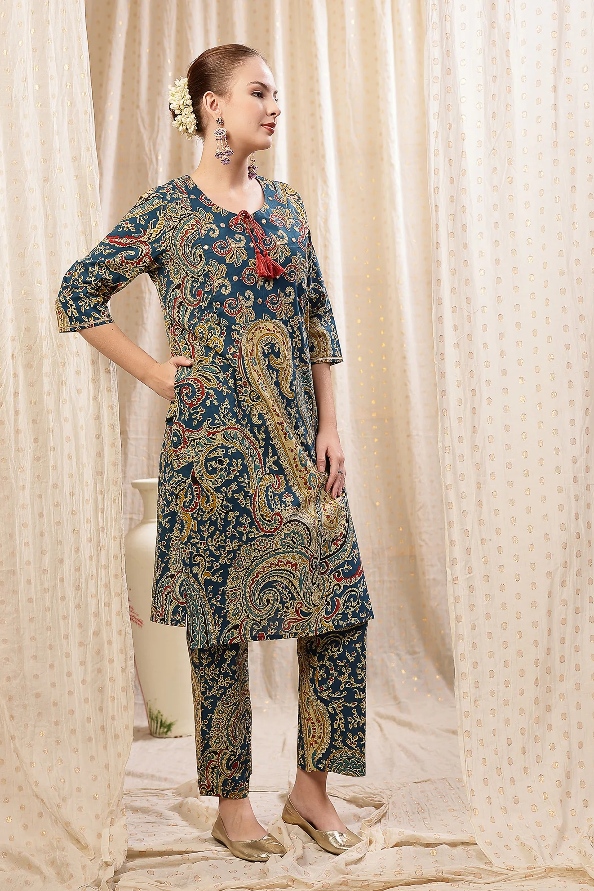 Floral Zip Feeding Cotton Kurta-Pant Set - Deep Blue - Image 10
