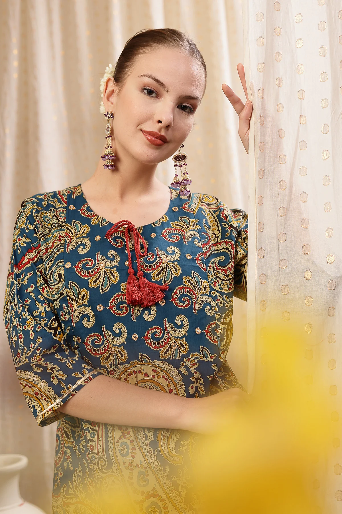 Floral Zip Feeding Cotton Kurta-Pant Set - Deep Blue - Image 12