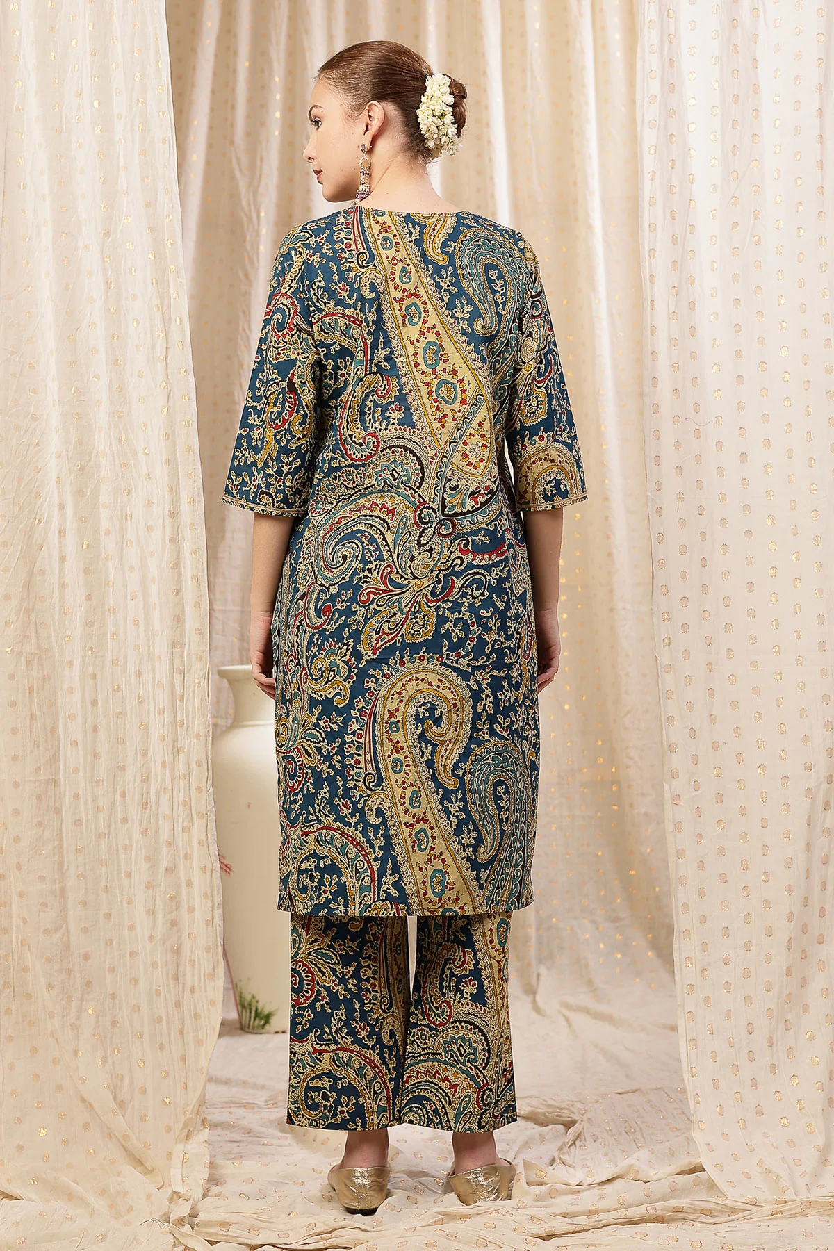Floral Zip Feeding Cotton Kurta-Pant Set - Deep Blue - Image 3