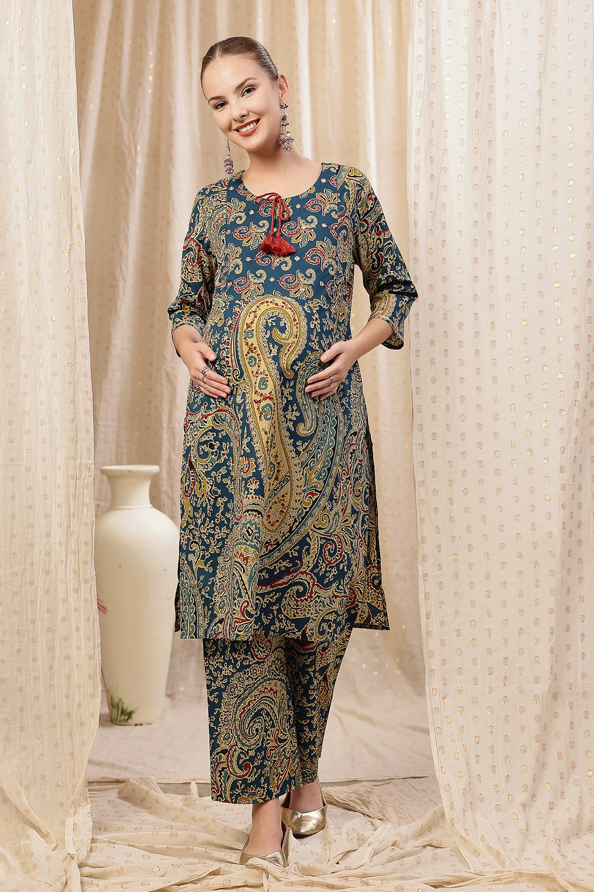 Floral Zip Feeding Cotton Kurta-Pant Set - Deep Blue - Image 4