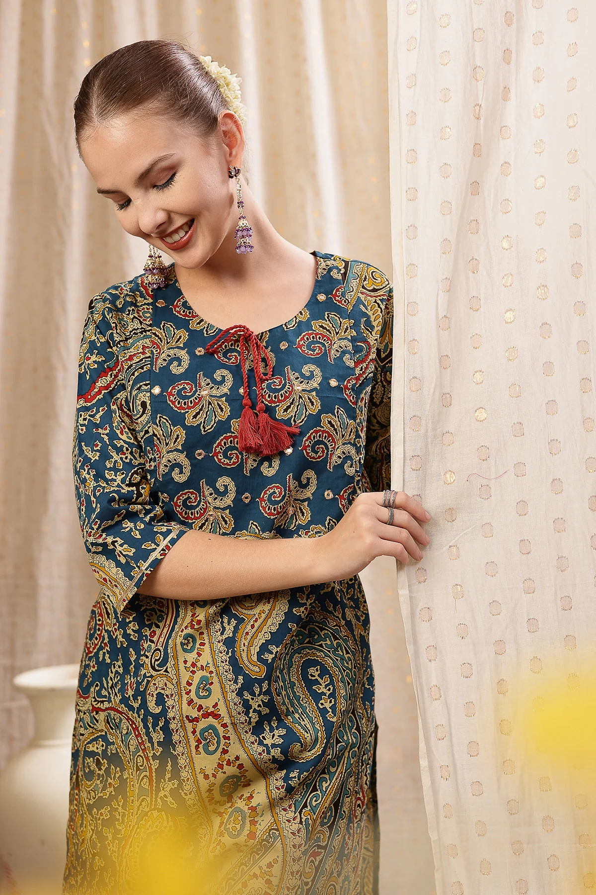 Floral Zip Feeding Cotton Kurta-Pant Set - Deep Blue - Image 6