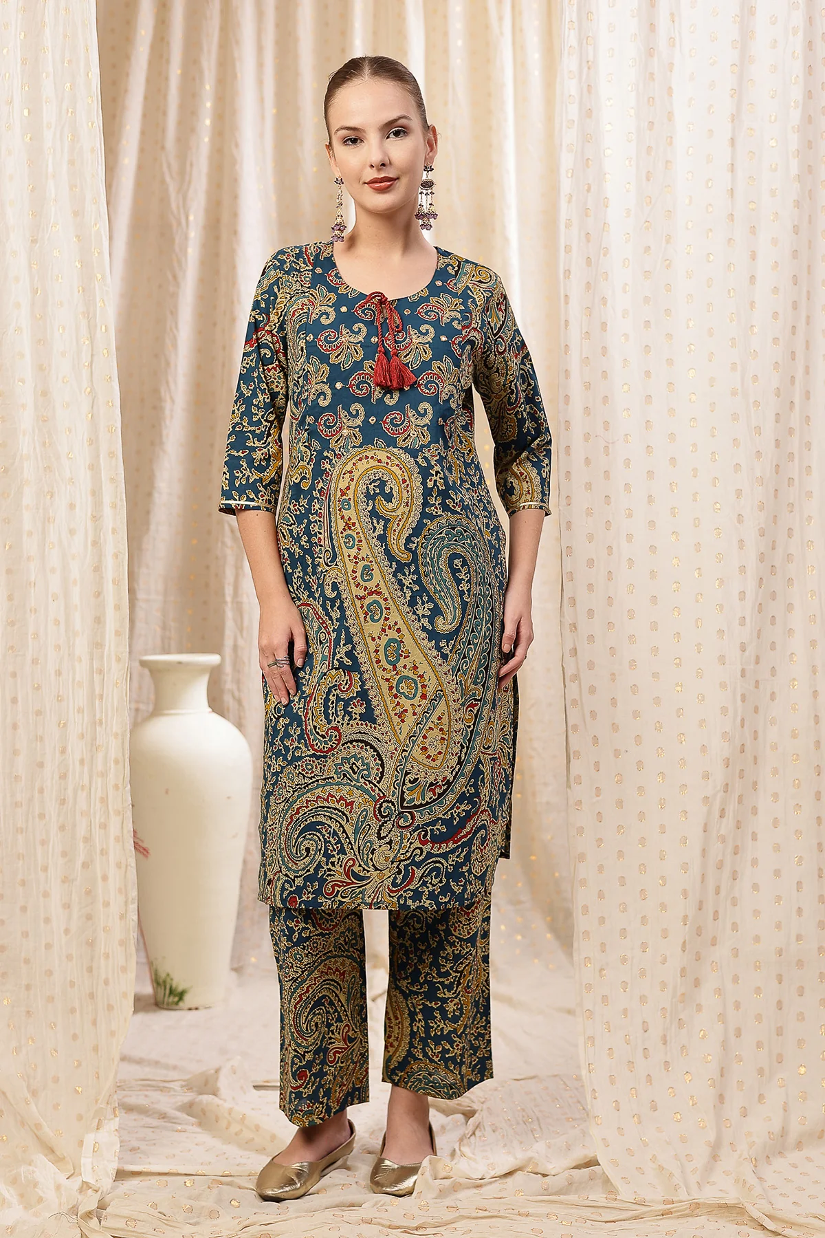 Floral Zip Feeding Cotton Kurta-Pant Set - Deep Blue - Image 7