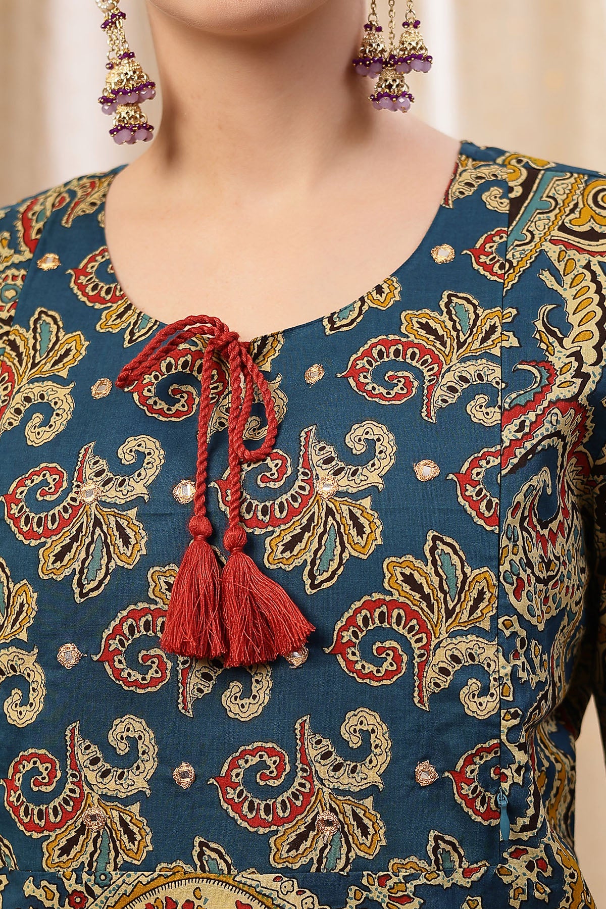 Floral Zip Feeding Cotton Kurta-Pant Set - Deep Blue - Image 8
