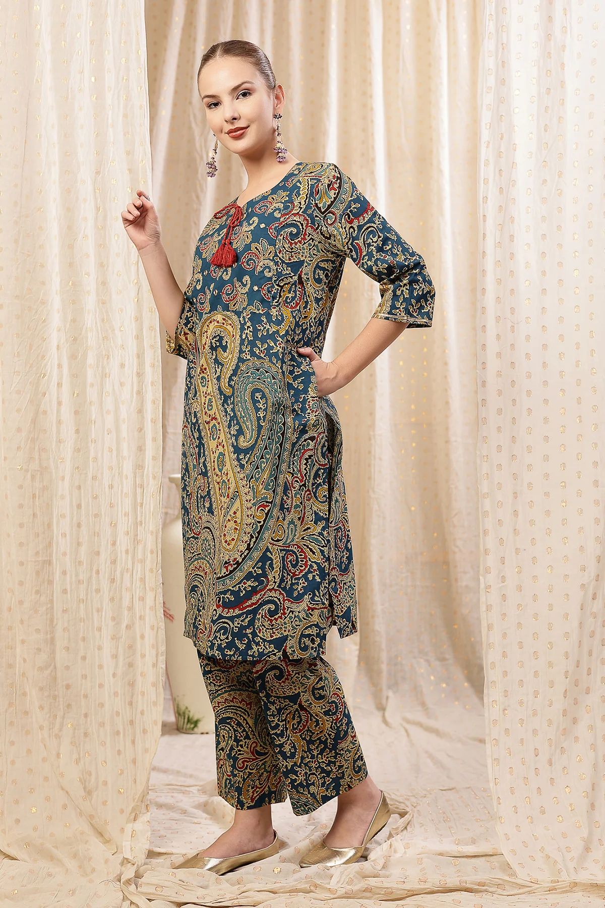 Floral Zip Feeding Cotton Kurta-Pant Set - Deep Blue - Image 9