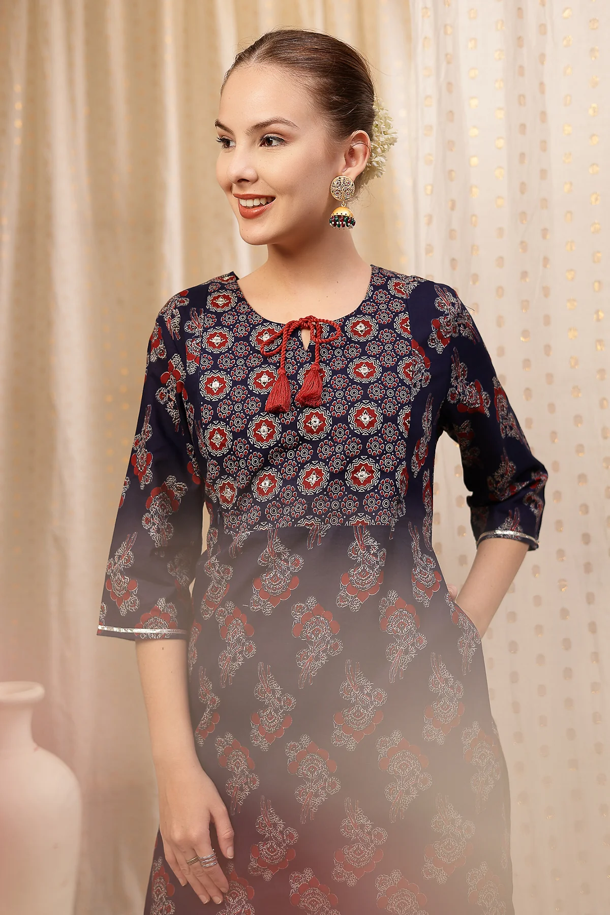Floral Zip Feeding Cotton Kurta-Pant Set - Navy Blue - Image 11
