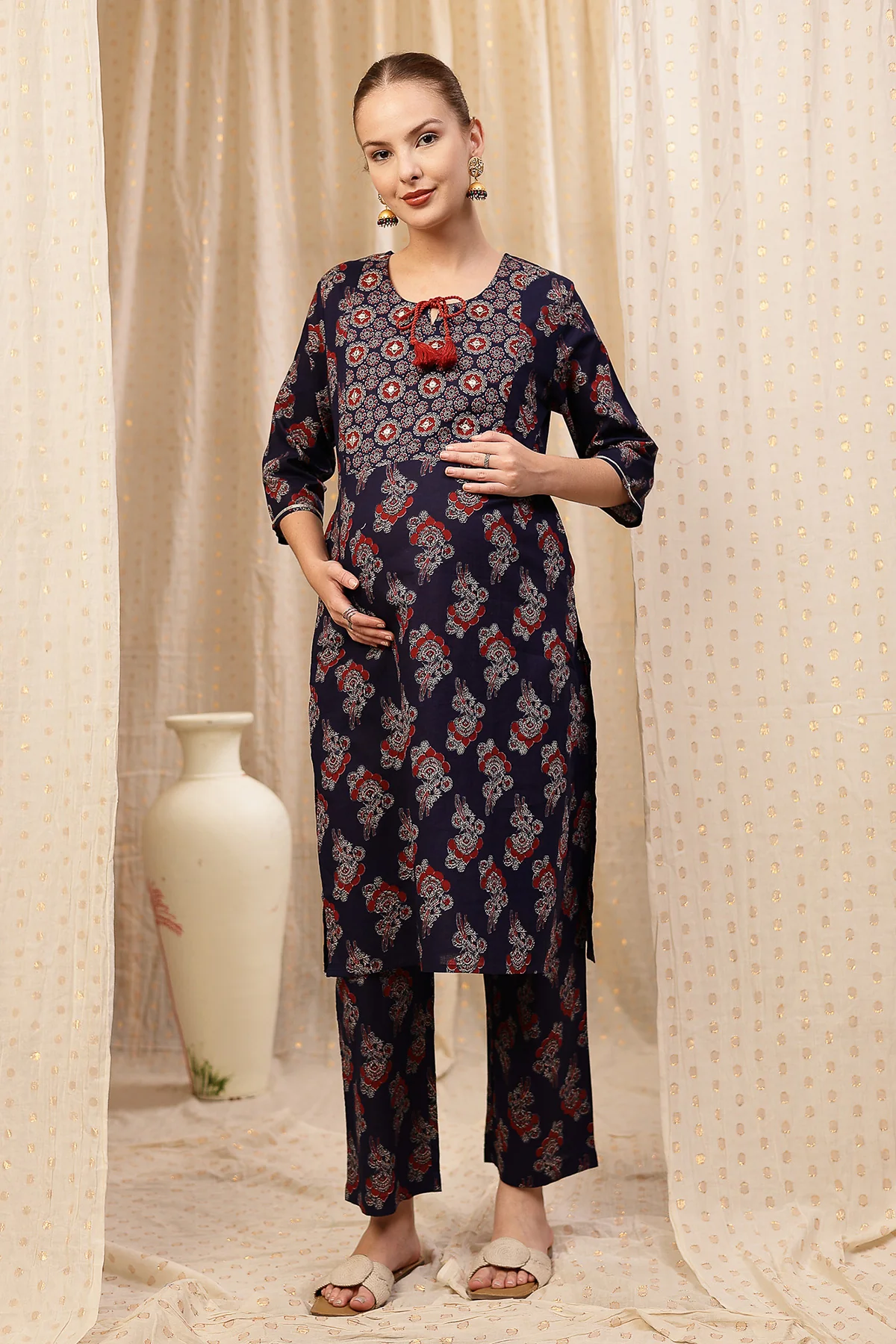 Floral Zip Feeding Cotton Kurta-Pant Set - Navy Blue - Image 4