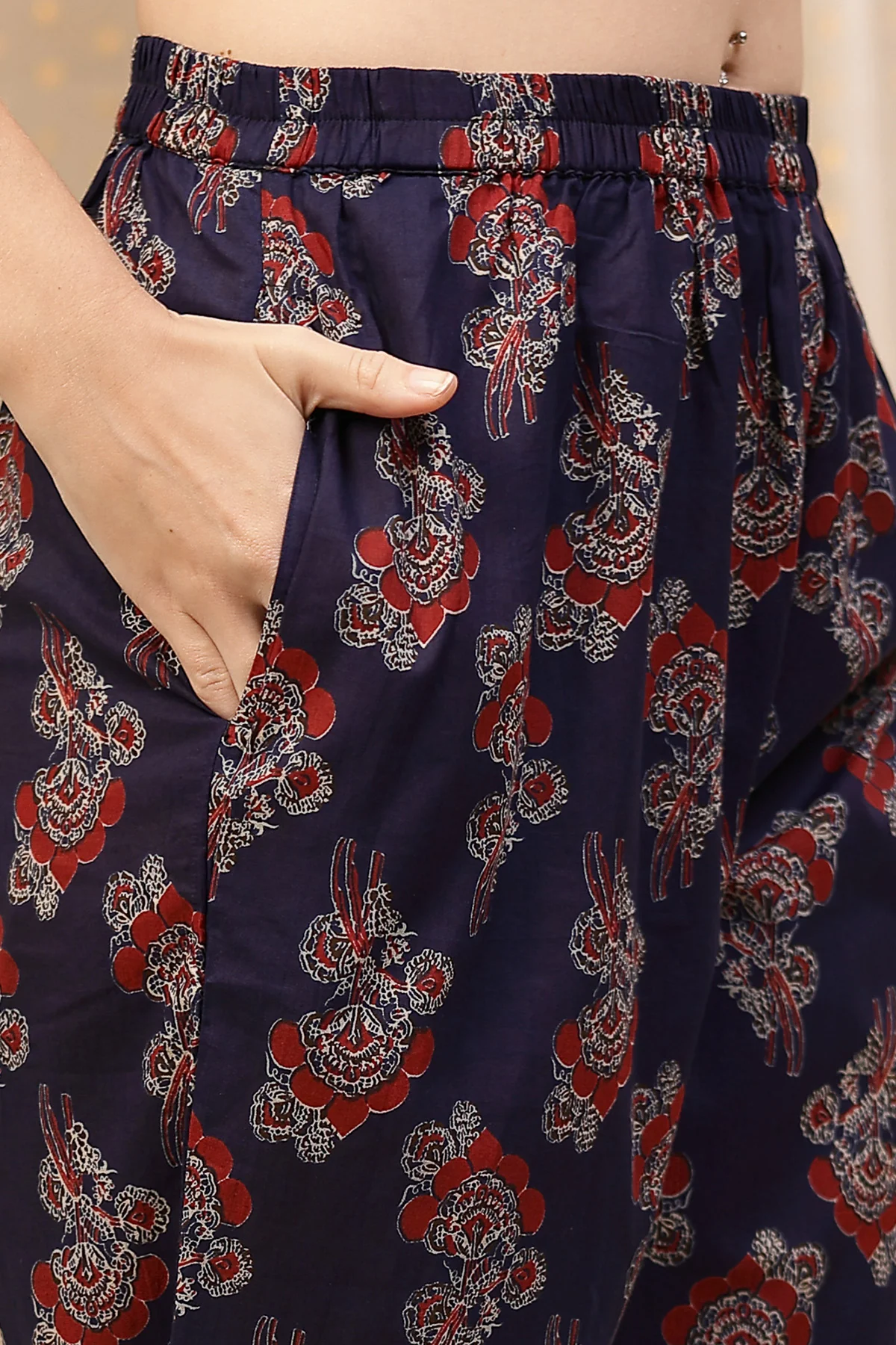 Floral Zip Feeding Cotton Kurta-Pant Set - Navy Blue - Image 5