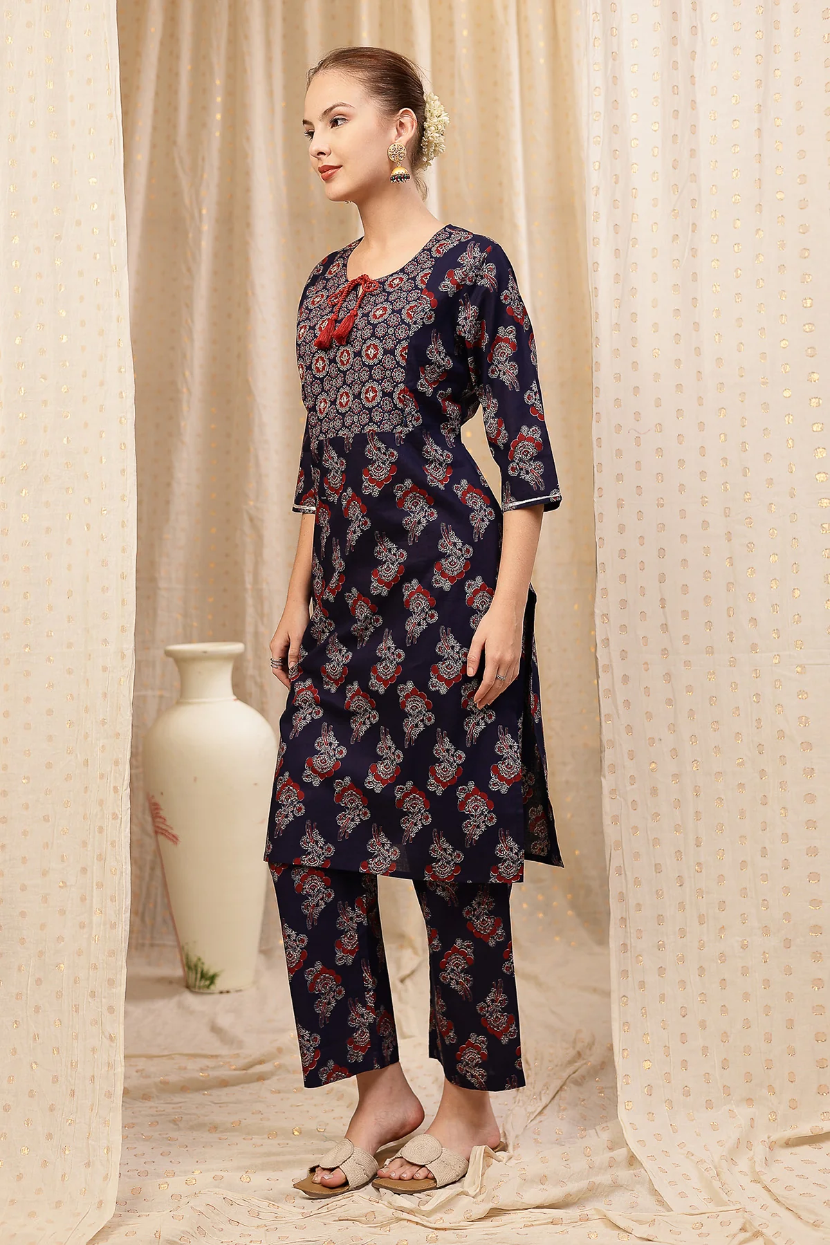 Floral Zip Feeding Cotton Kurta-Pant Set - Navy Blue - Image 6