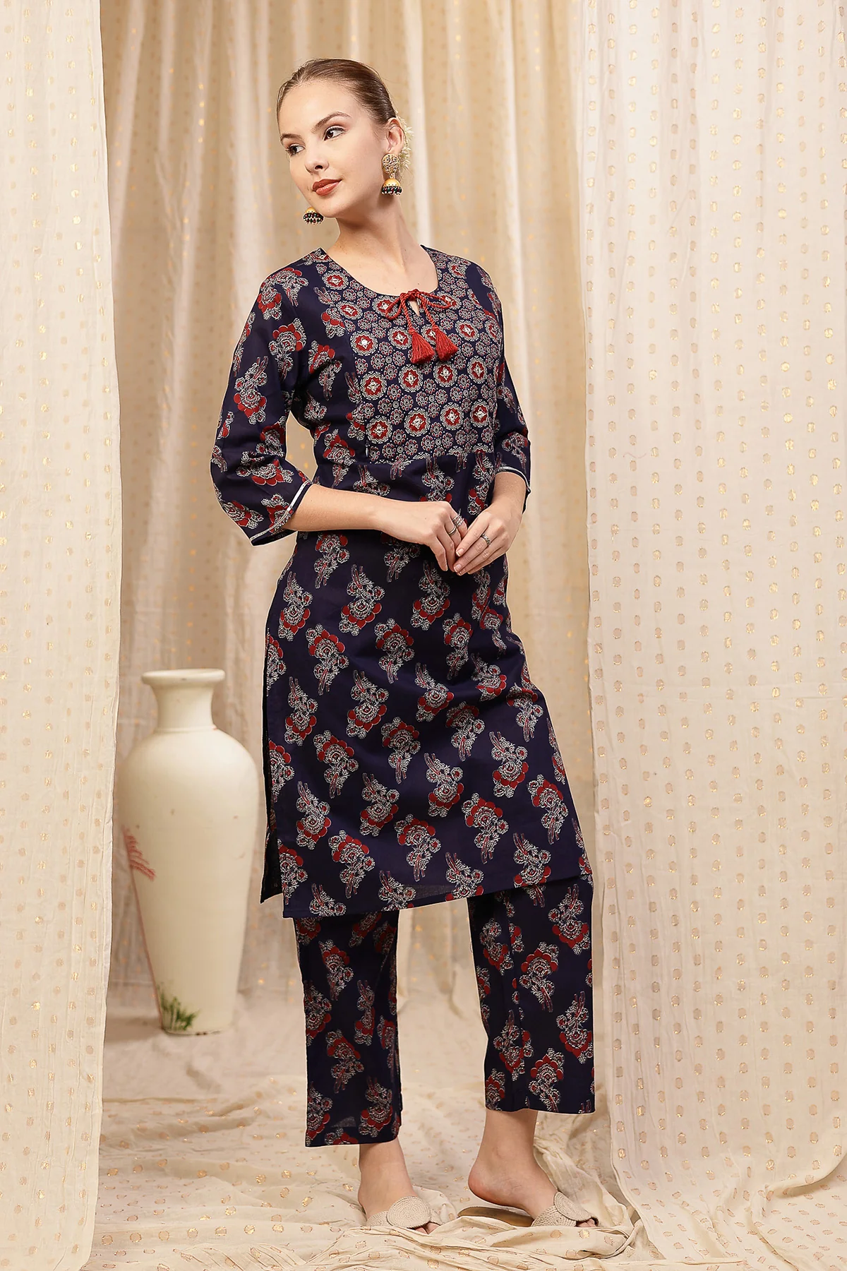 Floral Zip Feeding Cotton Kurta-Pant Set - Navy Blue - Image 8