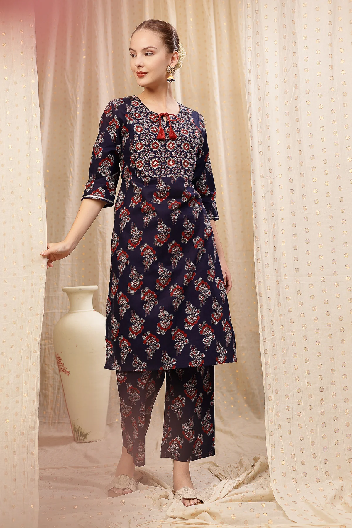 Floral Zip Feeding Cotton Kurta-Pant Set - Navy Blue - Image 9
