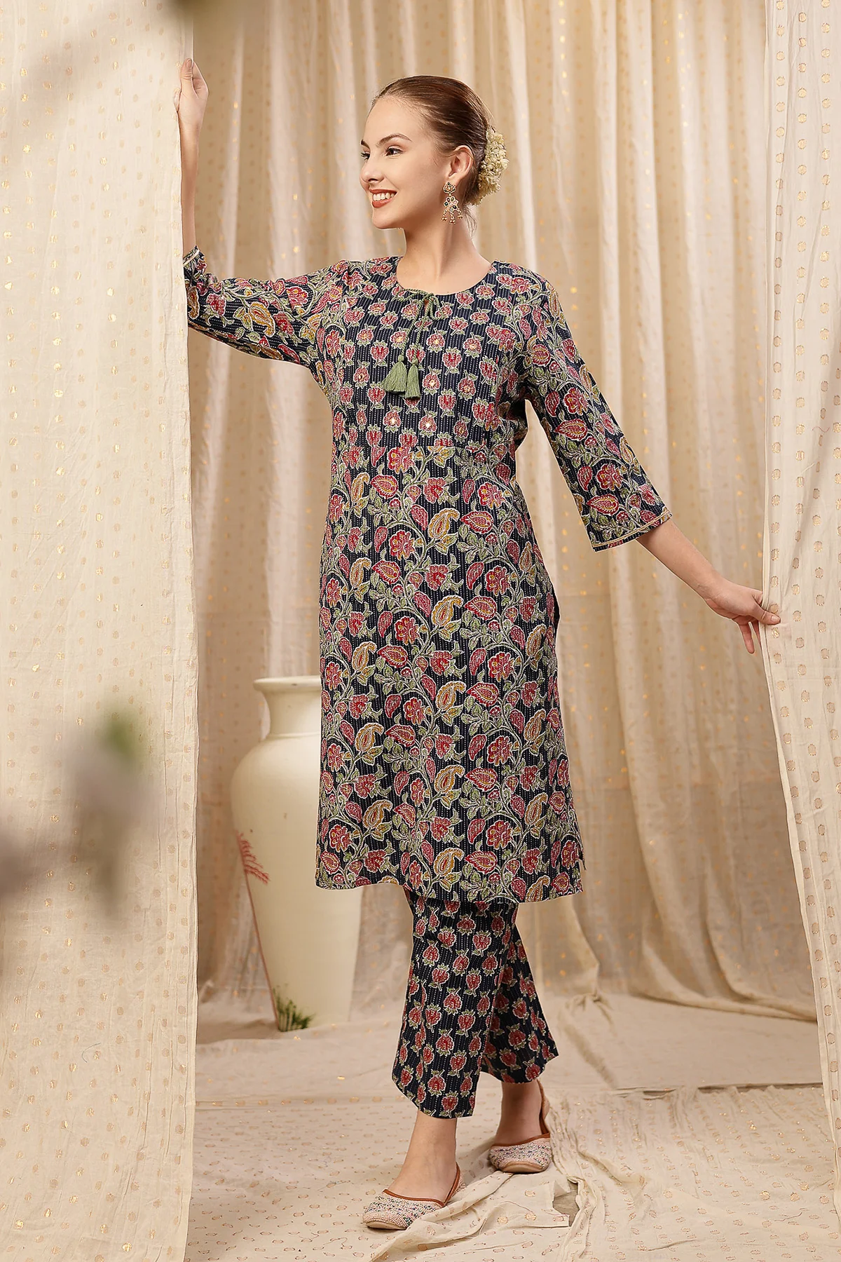 Floral Zip Feeding Cotton Kurta-Pant Set - Navy Blue - Image 10