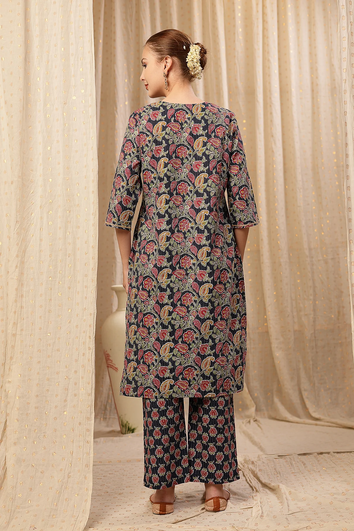 Floral Zip Feeding Cotton Kurta-Pant Set - Navy Blue - Image 3