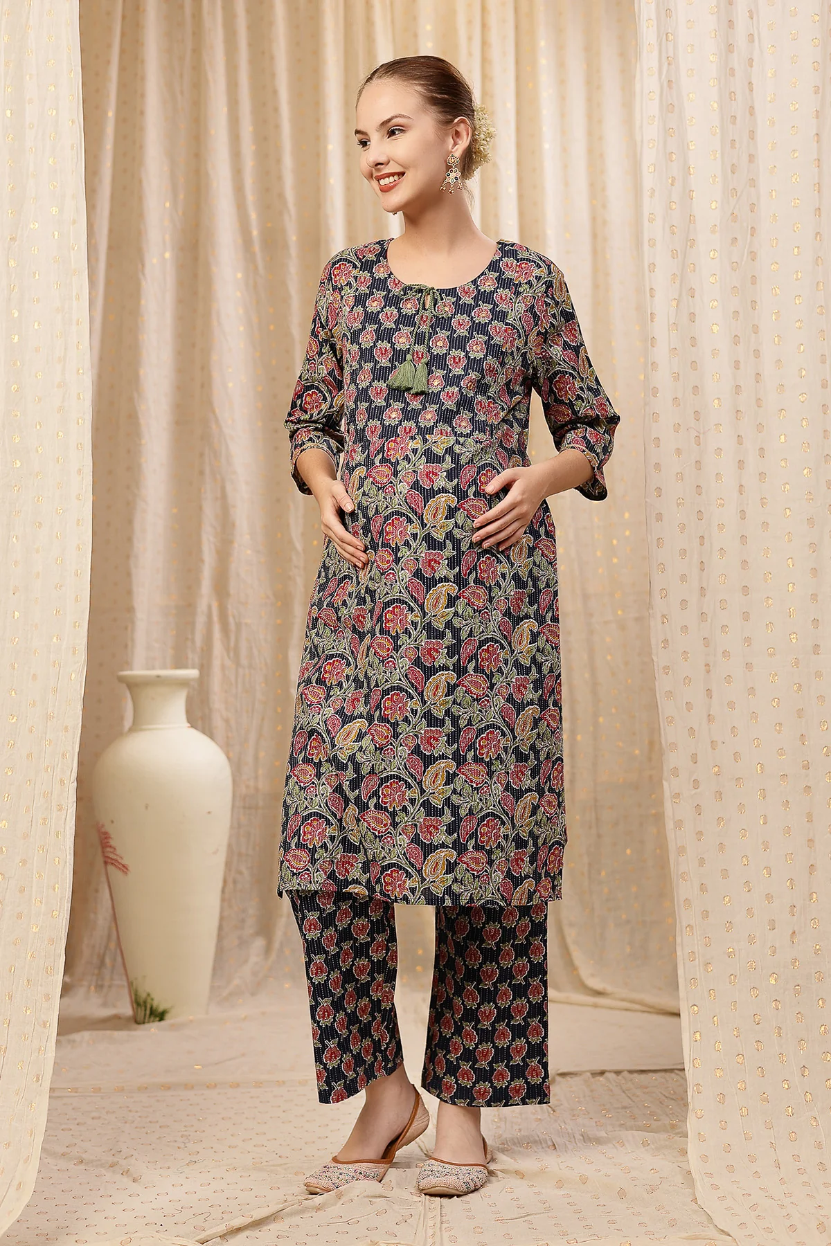 Floral Zip Feeding Cotton Kurta-Pant Set - Navy Blue - Image 4