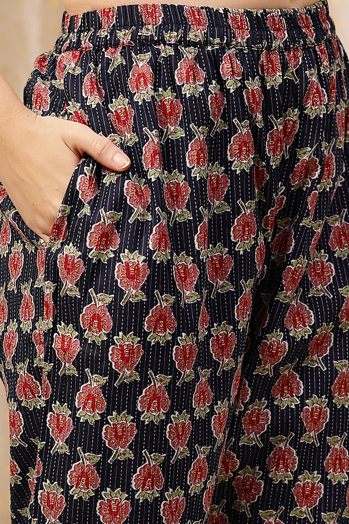 Floral Zip Feeding Cotton Kurta-Pant Set - Navy Blue - Image 5
