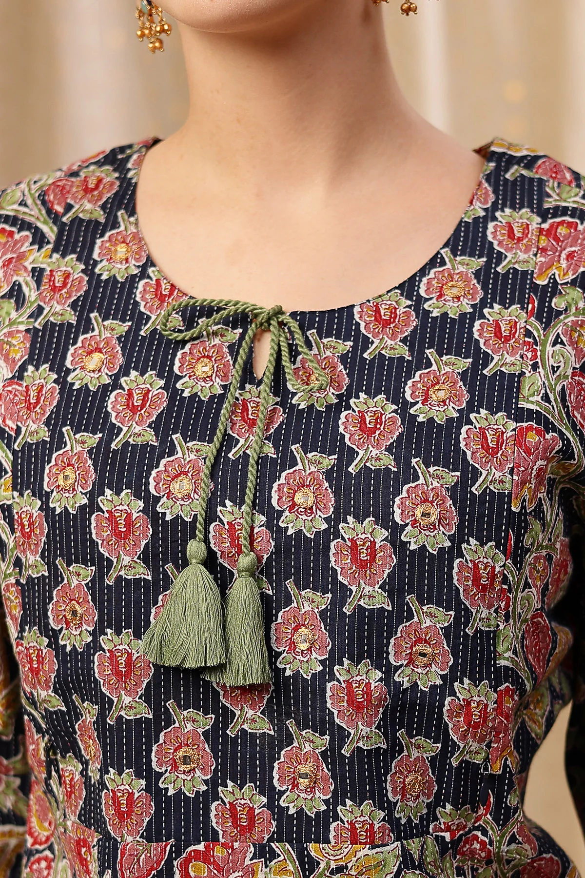 Floral Zip Feeding Cotton Kurta-Pant Set - Navy Blue - Image 6