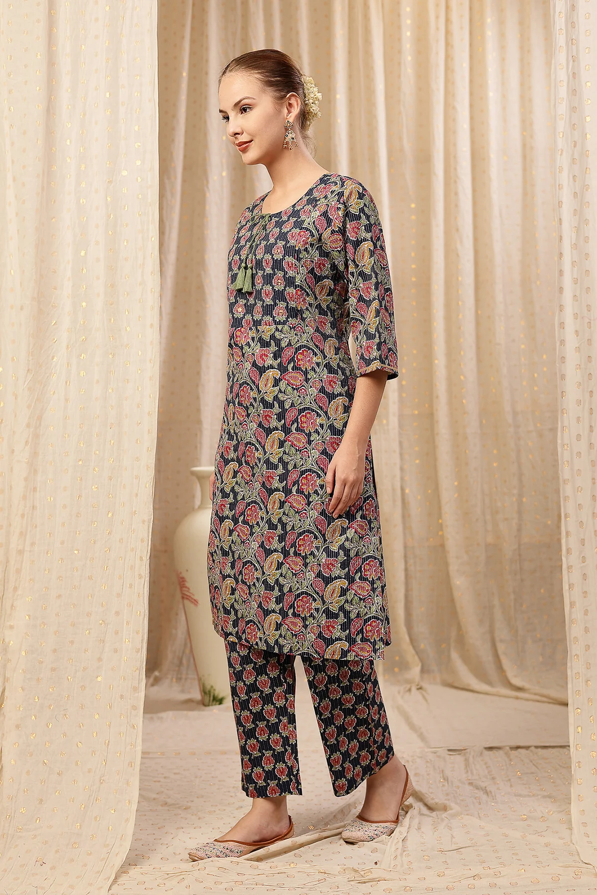 Floral Zip Feeding Cotton Kurta-Pant Set - Navy Blue - Image 7