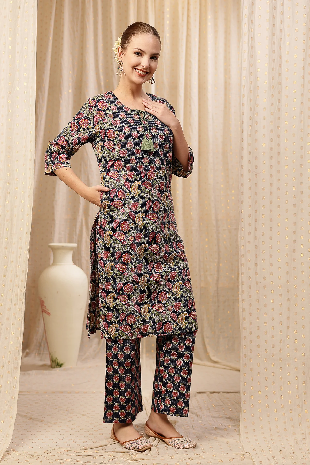 Floral Zip Feeding Cotton Kurta-Pant Set - Navy Blue - Image 8
