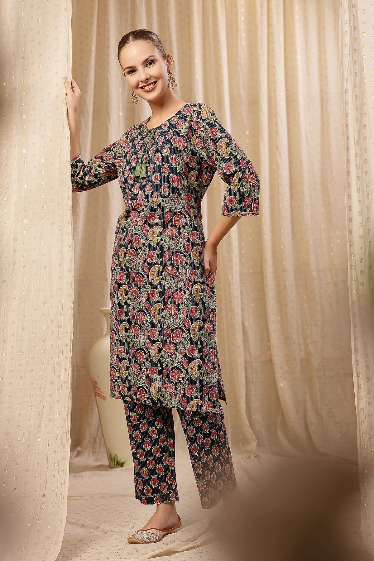 Floral Zip Feeding Cotton Kurta-Pant Set - Navy Blue - Image 9