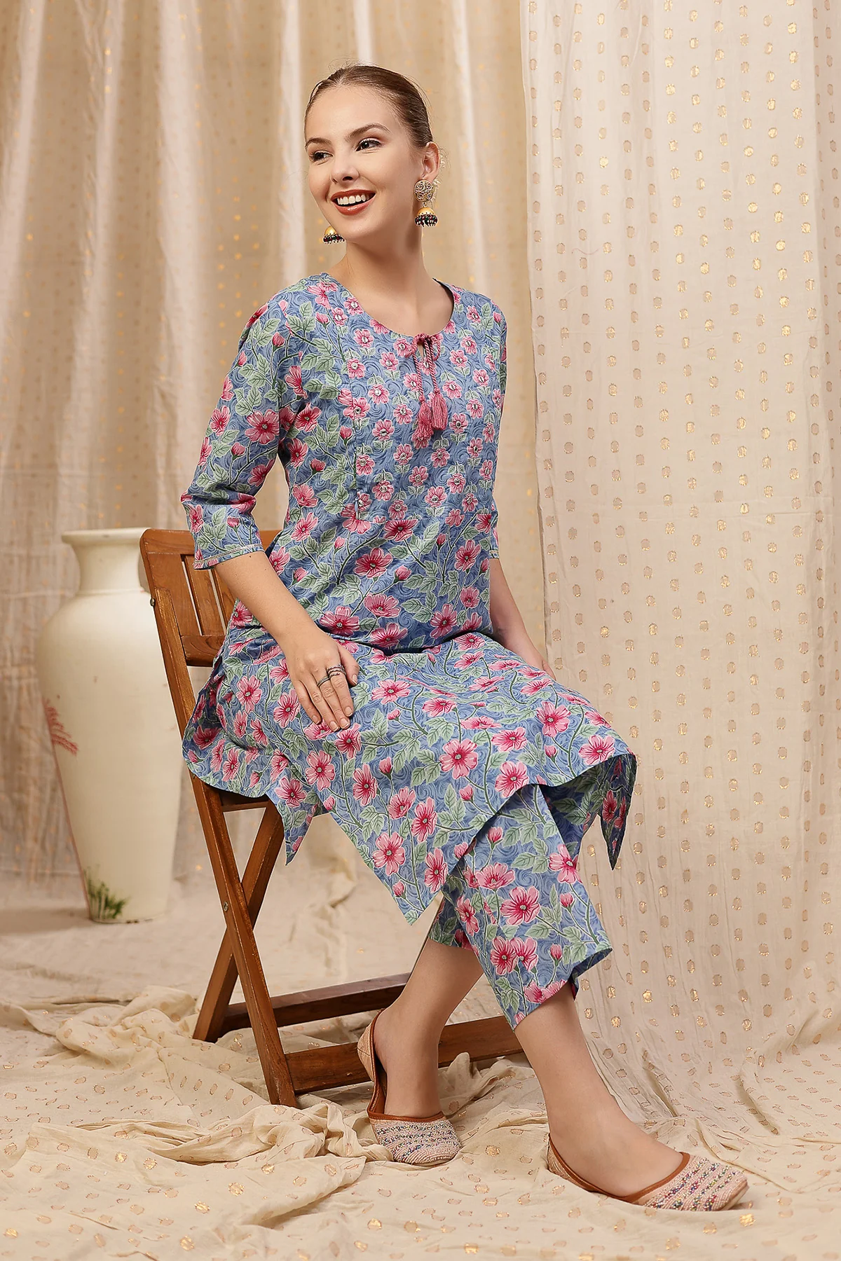 Floral Zip Feeding Cotton Kurta-Pant Set - Sky Blue - Image 11