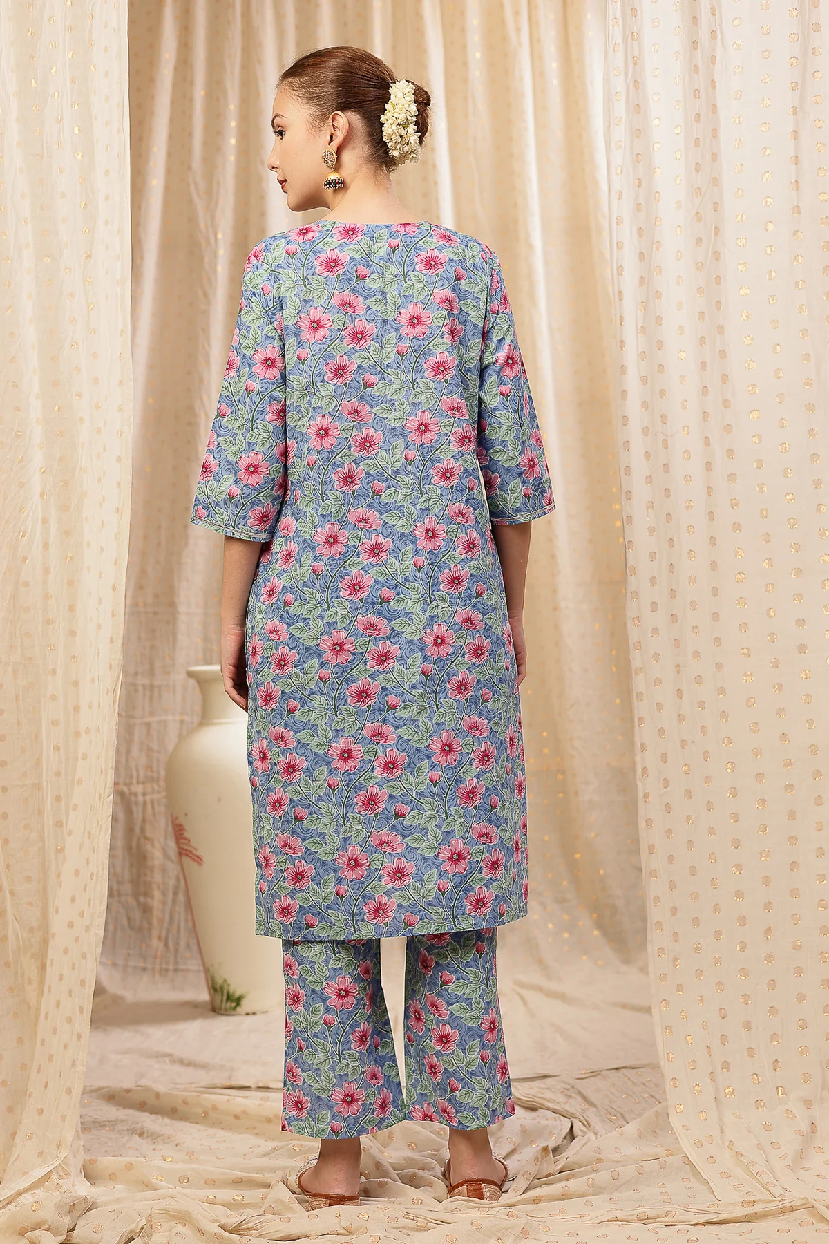 Floral Zip Feeding Cotton Kurta-Pant Set - Sky Blue - Image 3