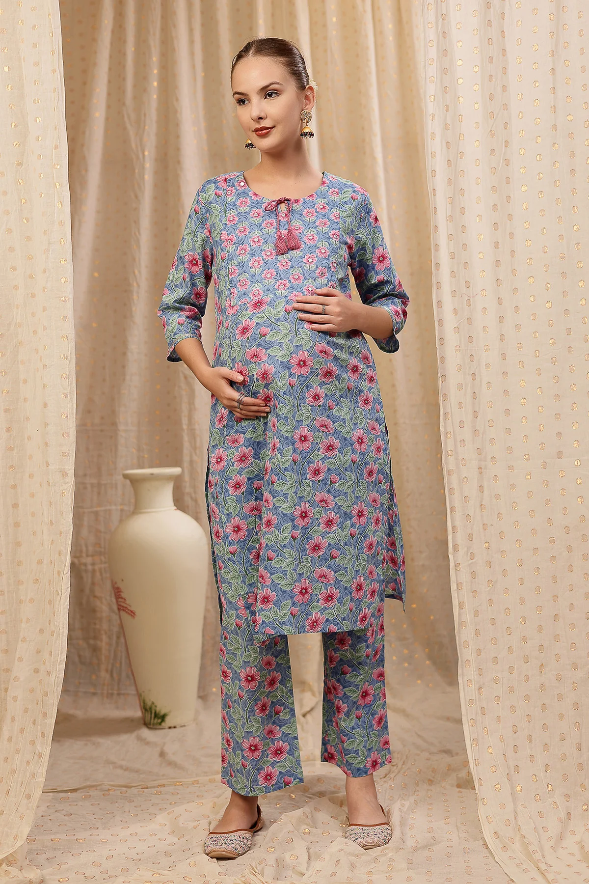 Floral Zip Feeding Cotton Kurta-Pant Set - Sky Blue - Image 4