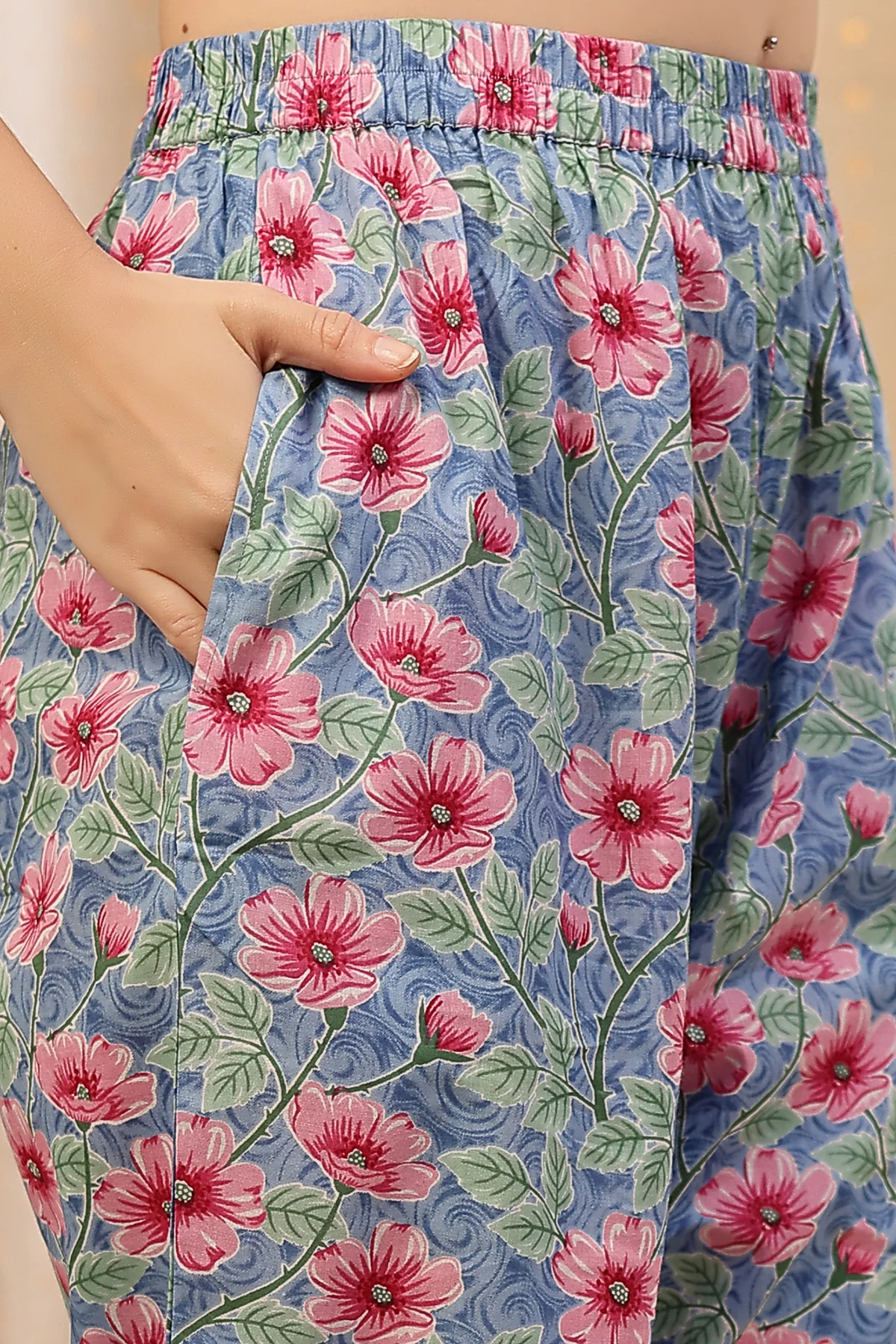 Floral Zip Feeding Cotton Kurta-Pant Set - Sky Blue - Image 5