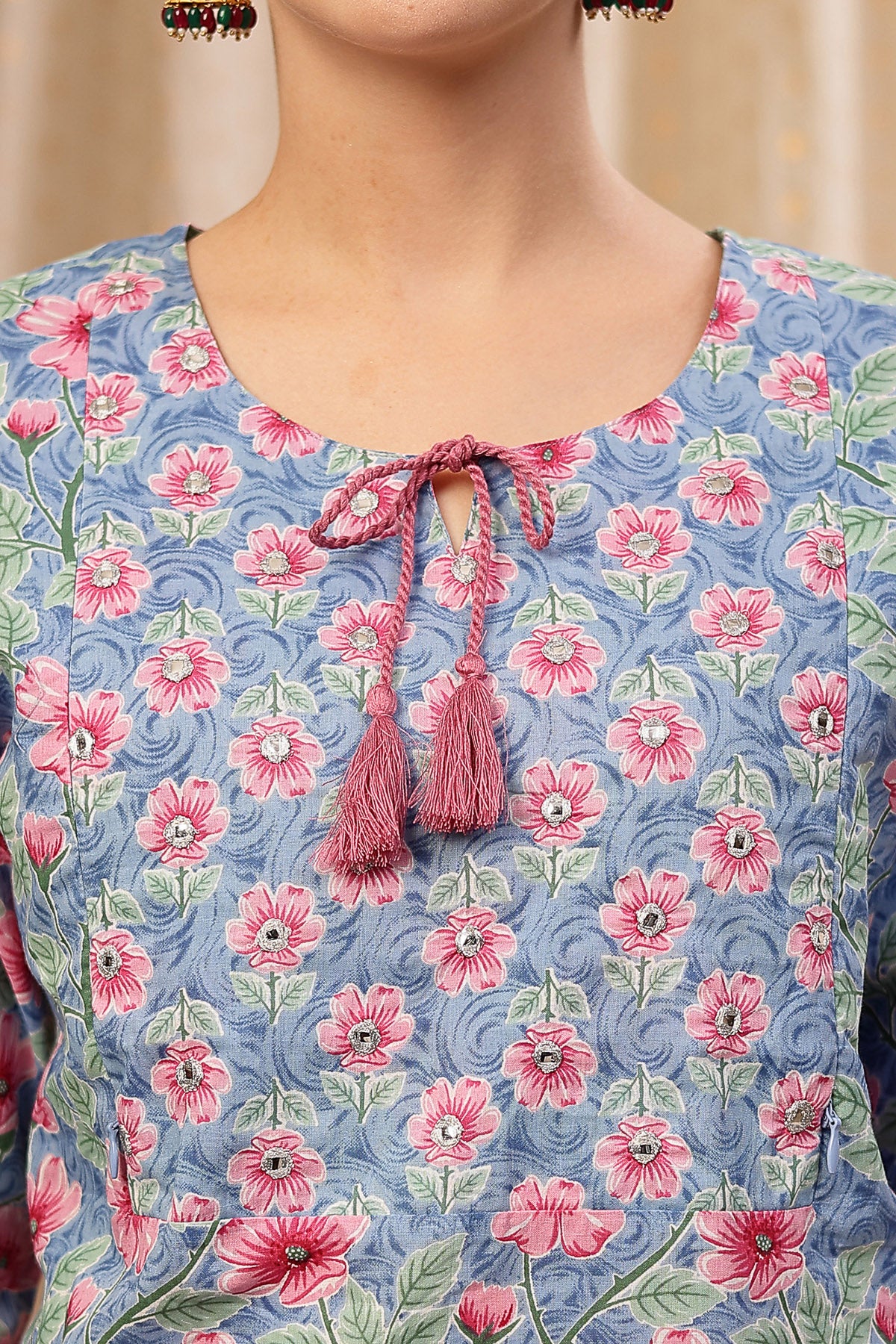 Floral Zip Feeding Cotton Kurta-Pant Set - Sky Blue - Image 7