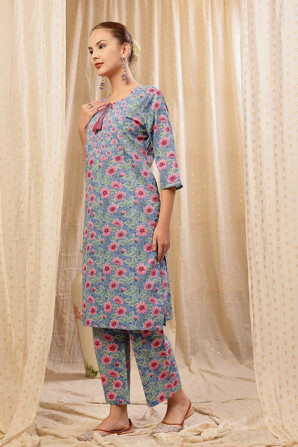 Floral Zip Feeding Cotton Kurta-Pant Set - Sky Blue - Image 8