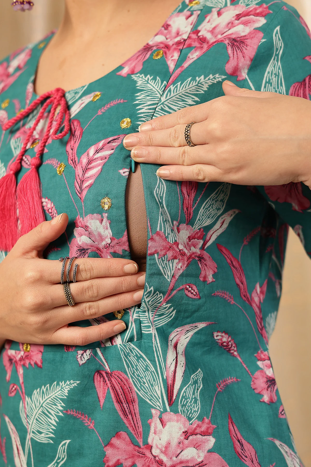 Floral Zip Feeding Cotton Kurta-Pant Set - Teal Green - Image 2