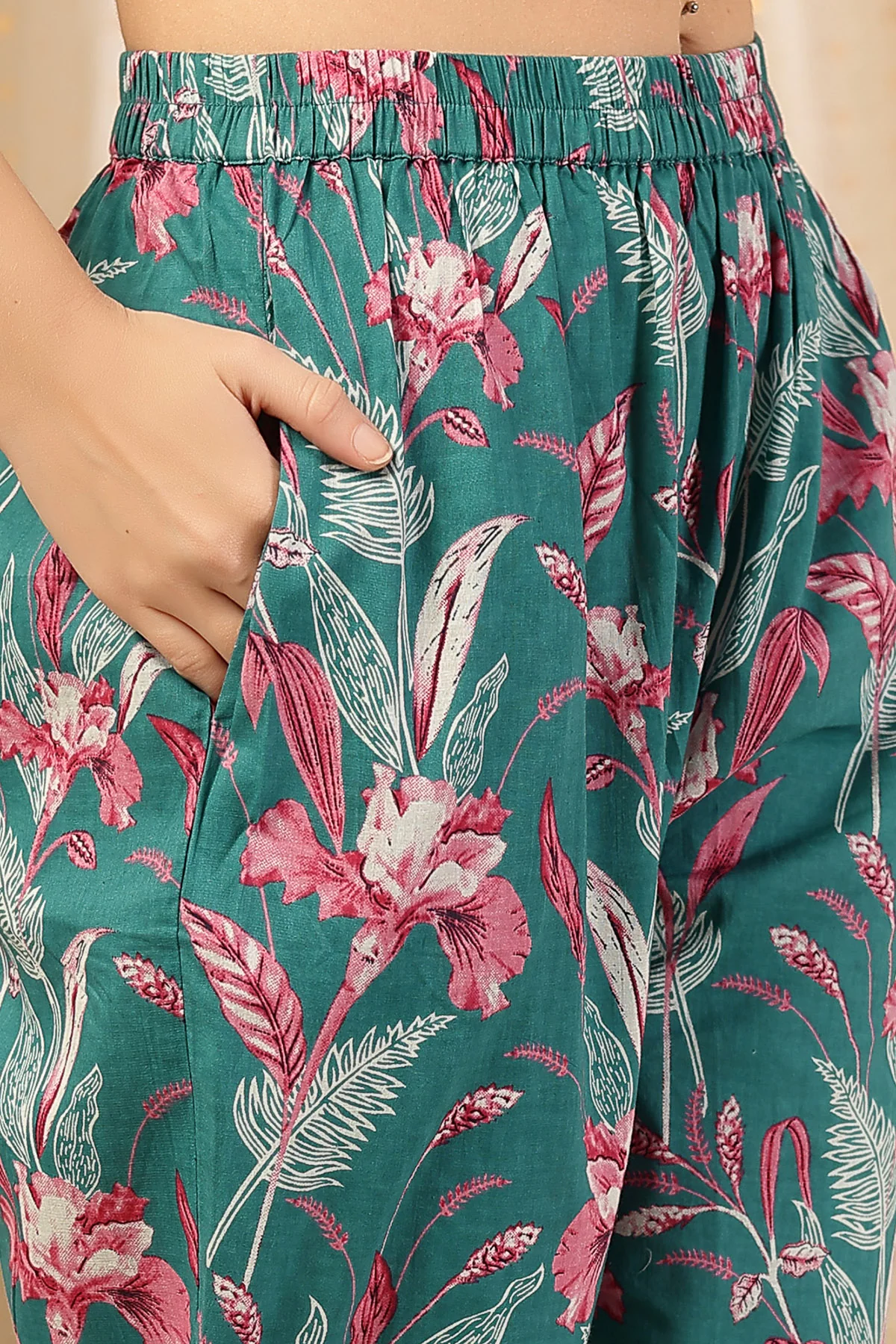 Floral Zip Feeding Cotton Kurta-Pant Set - Teal Green - Image 5
