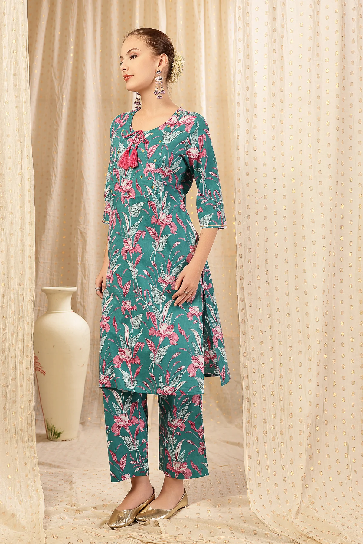 Floral Zip Feeding Cotton Kurta-Pant Set - Teal Green - Image 6