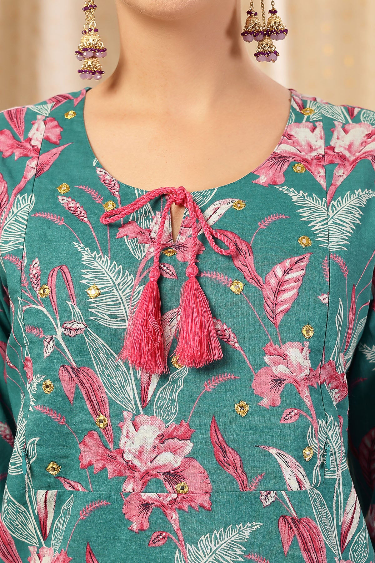 Floral Zip Feeding Cotton Kurta-Pant Set - Teal Green - Image 7