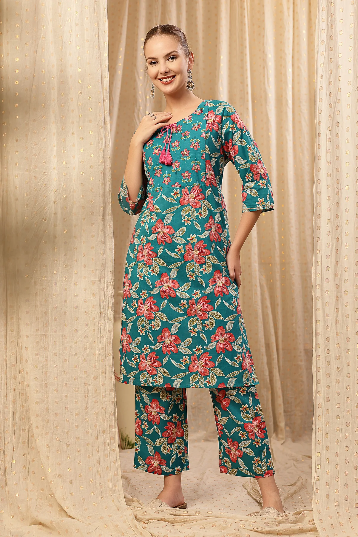 Floral Zip Feeding Cotton Kurta-Pant Set - Turquoise - Image 10