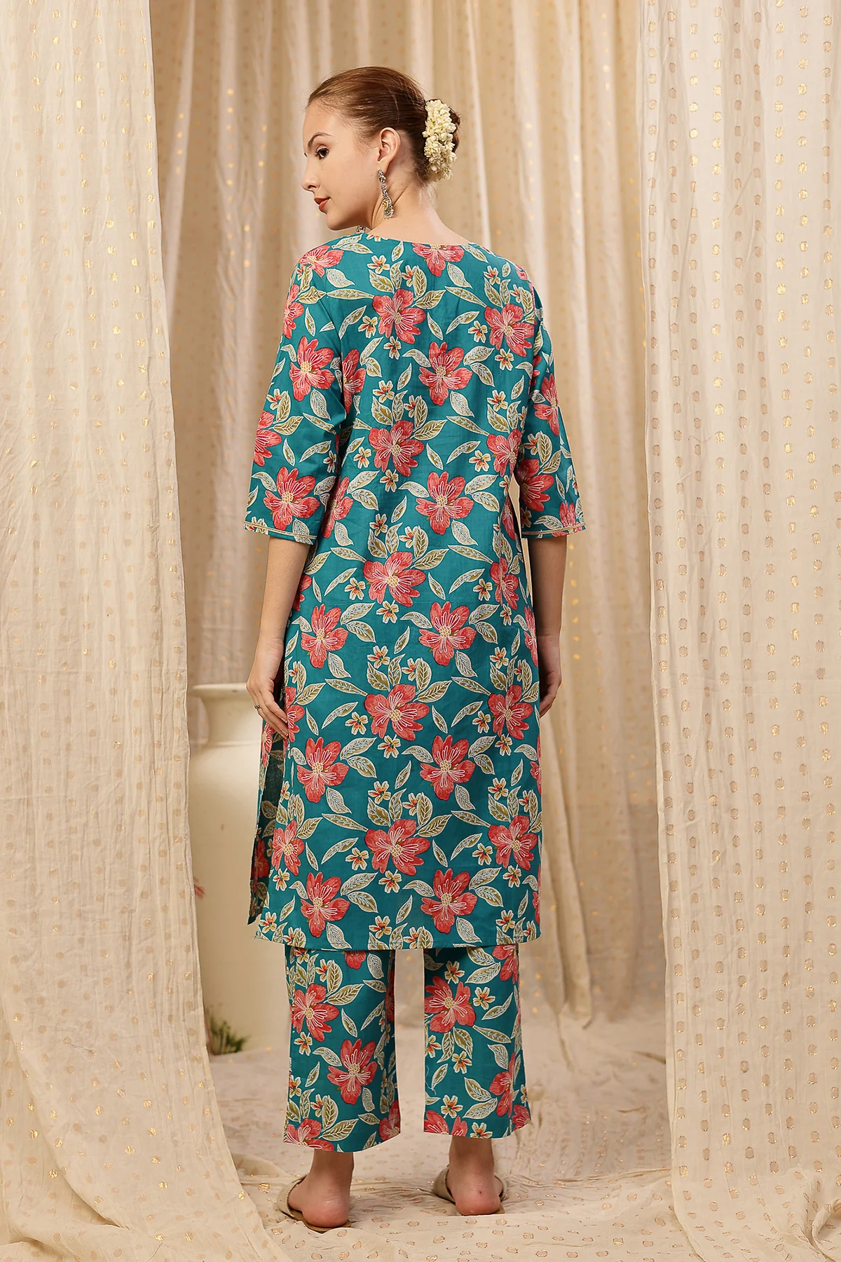 Floral Zip Feeding Cotton Kurta-Pant Set - Turquoise - Image 3