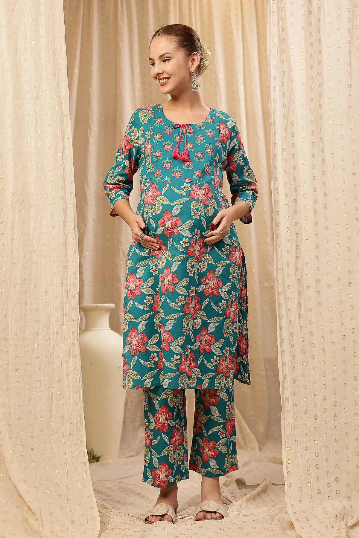 Floral Zip Feeding Cotton Kurta-Pant Set - Turquoise - Image 4