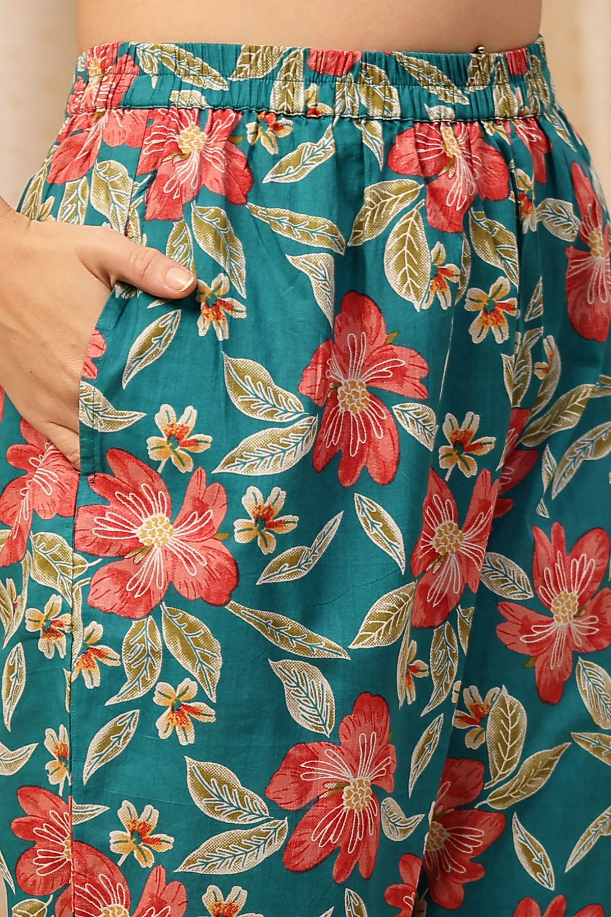 Floral Zip Feeding Cotton Kurta-Pant Set - Turquoise - Image 5