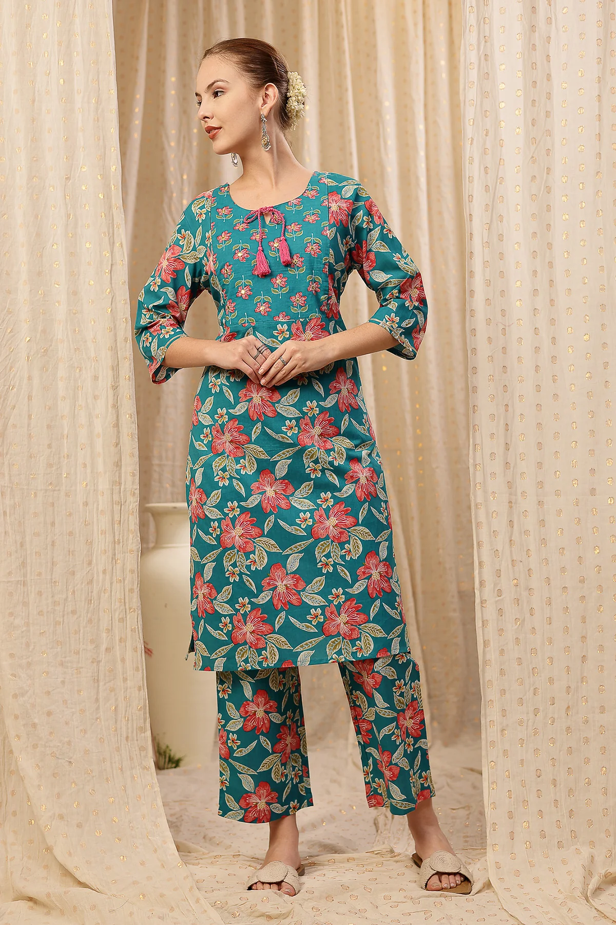 Floral Zip Feeding Cotton Kurta-Pant Set - Turquoise - Image 6