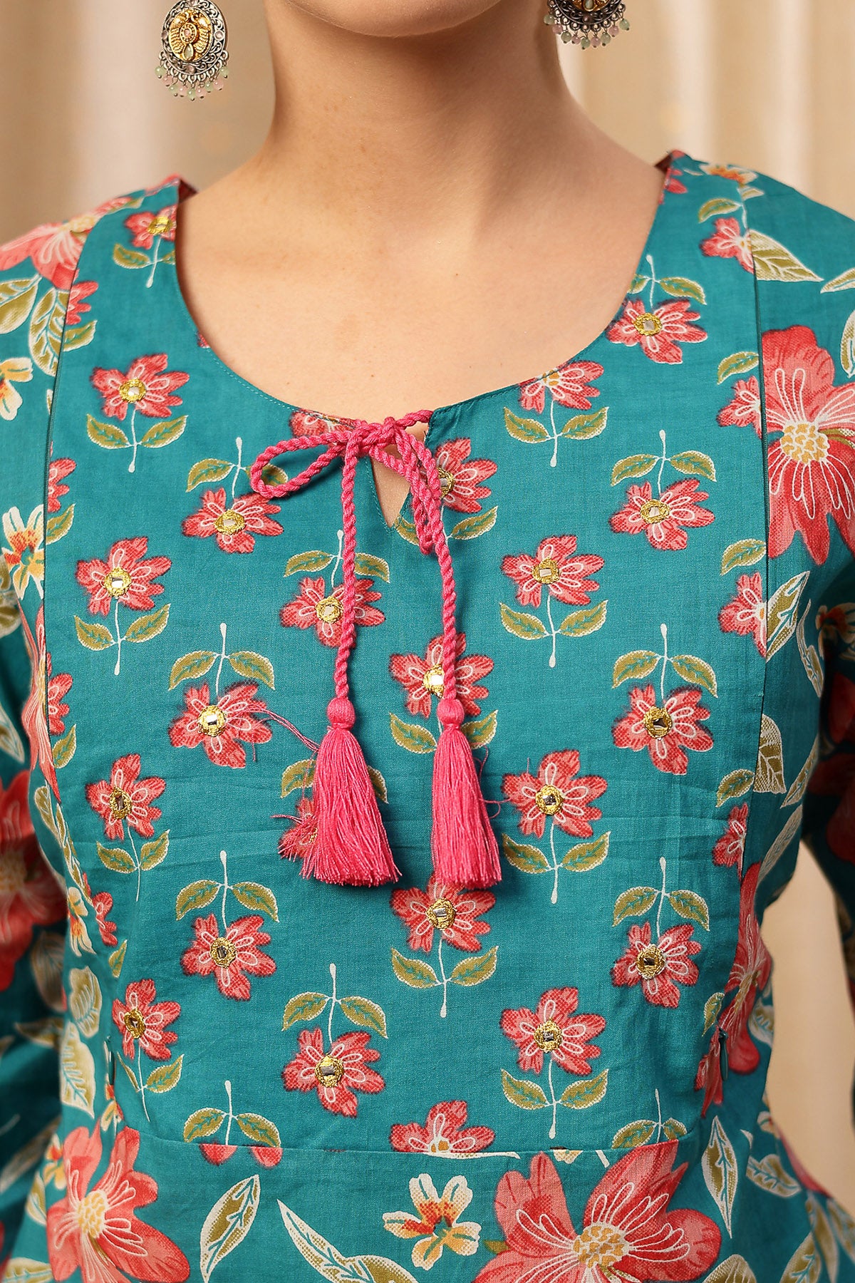 Floral Zip Feeding Cotton Kurta-Pant Set - Turquoise - Image 7