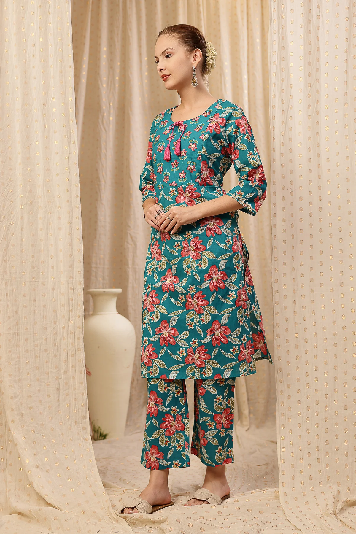 Floral Zip Feeding Cotton Kurta-Pant Set - Turquoise - Image 8