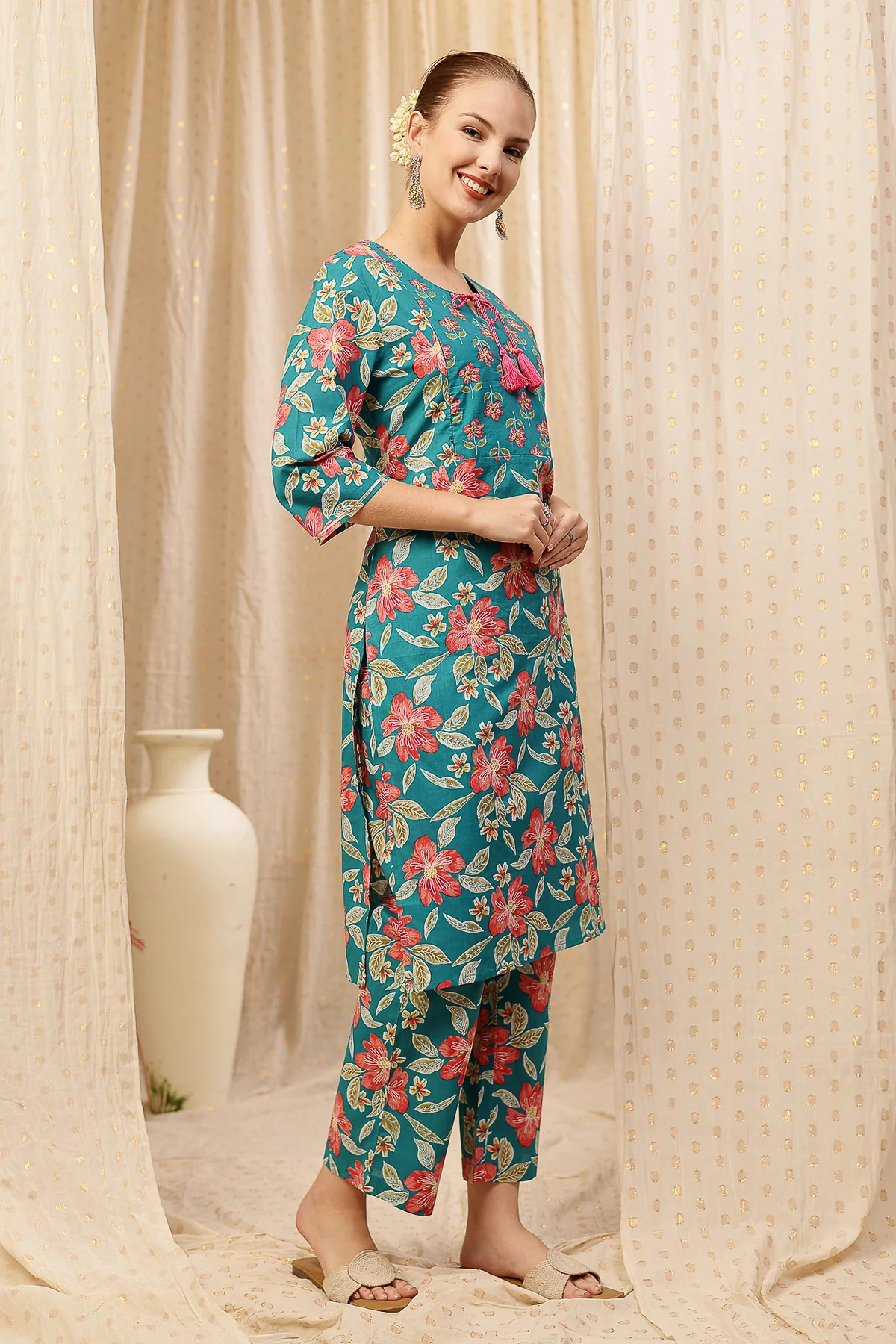 Floral Zip Feeding Cotton Kurta-Pant Set - Turquoise - Image 9
