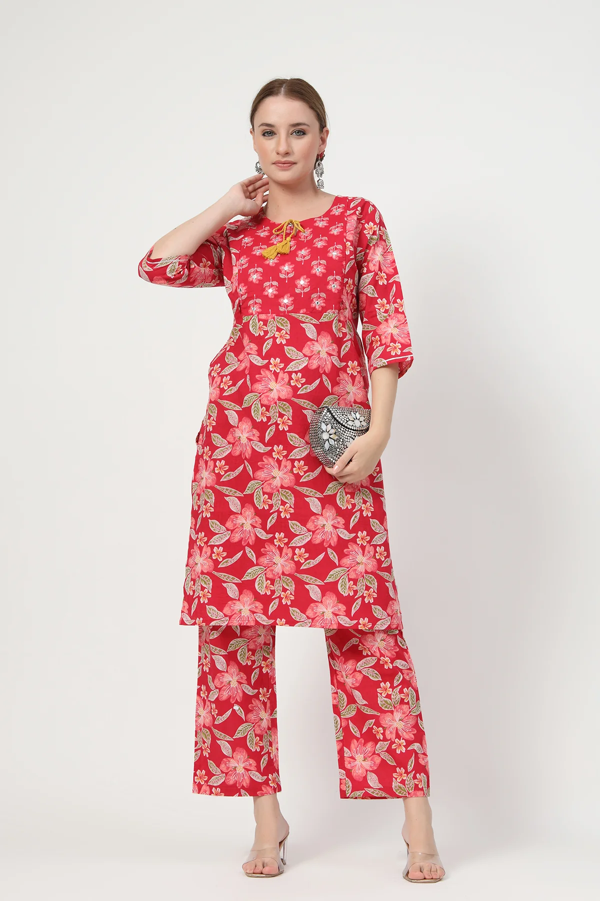 Floral Zip Feeding Cotton Kurta-Pant Set - Wine Red - Image 10