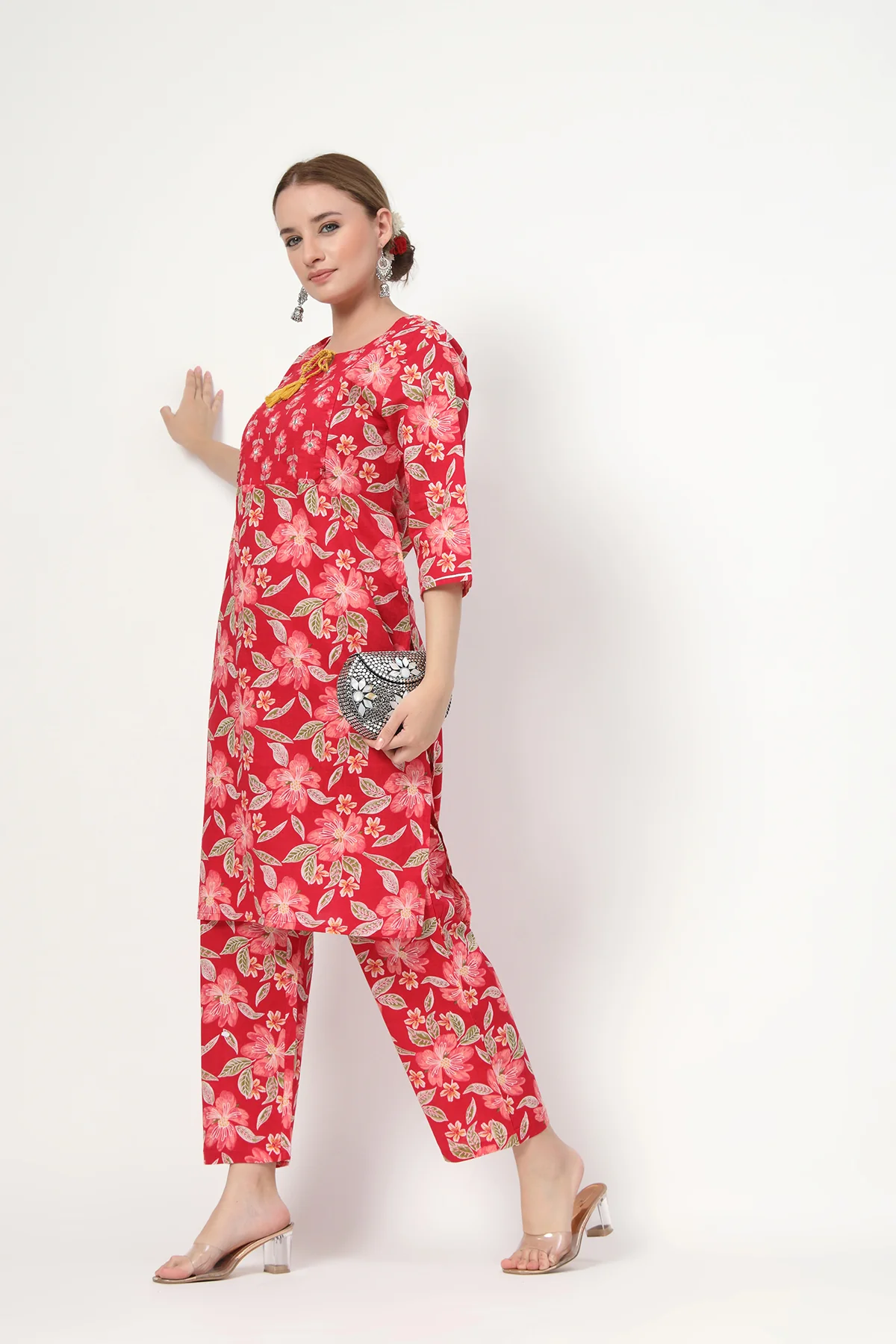 Floral Zip Feeding Cotton Kurta-Pant Set - Wine Red - Image 11