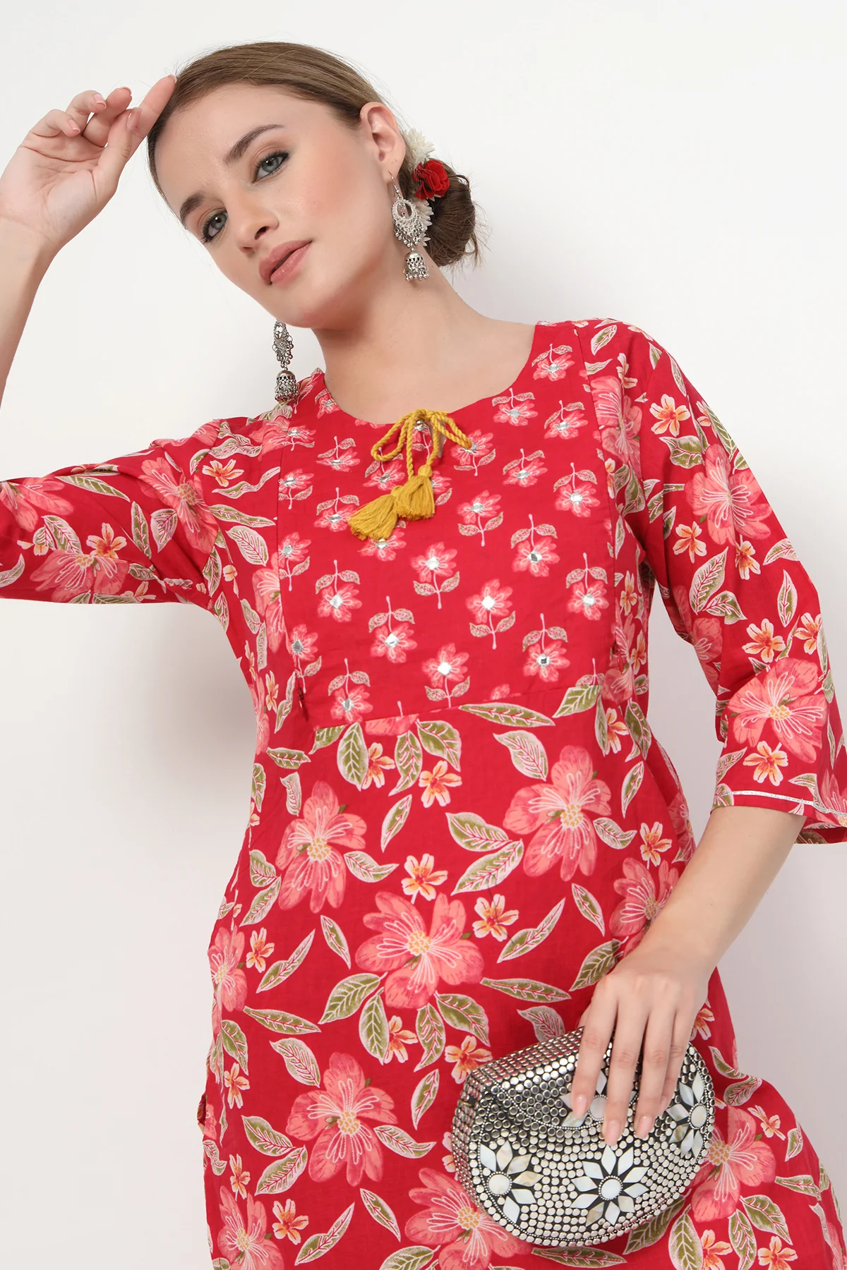 Floral Zip Feeding Cotton Kurta-Pant Set - Wine Red - Image 12