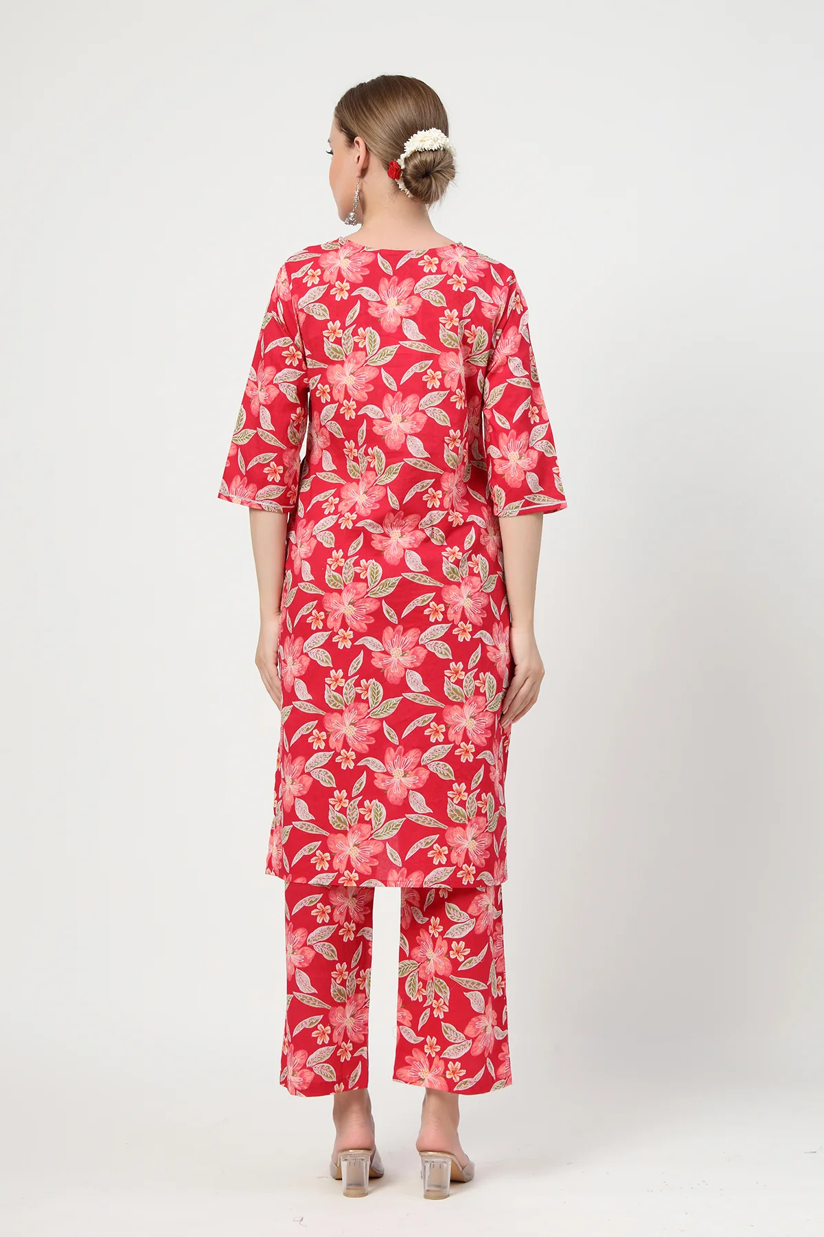 Floral Zip Feeding Cotton Kurta-Pant Set - Wine Red - Image 3