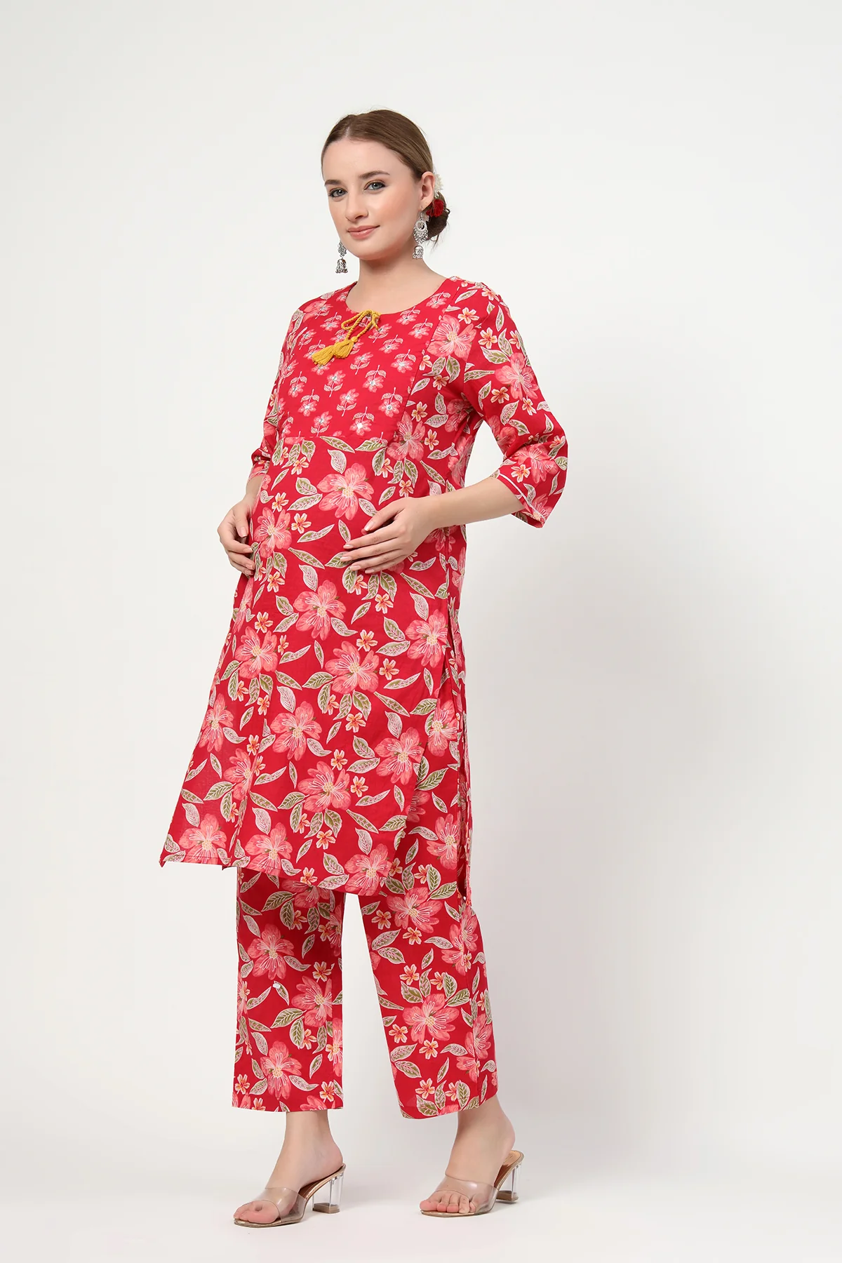 Floral Zip Feeding Cotton Kurta-Pant Set - Wine Red - Image 5