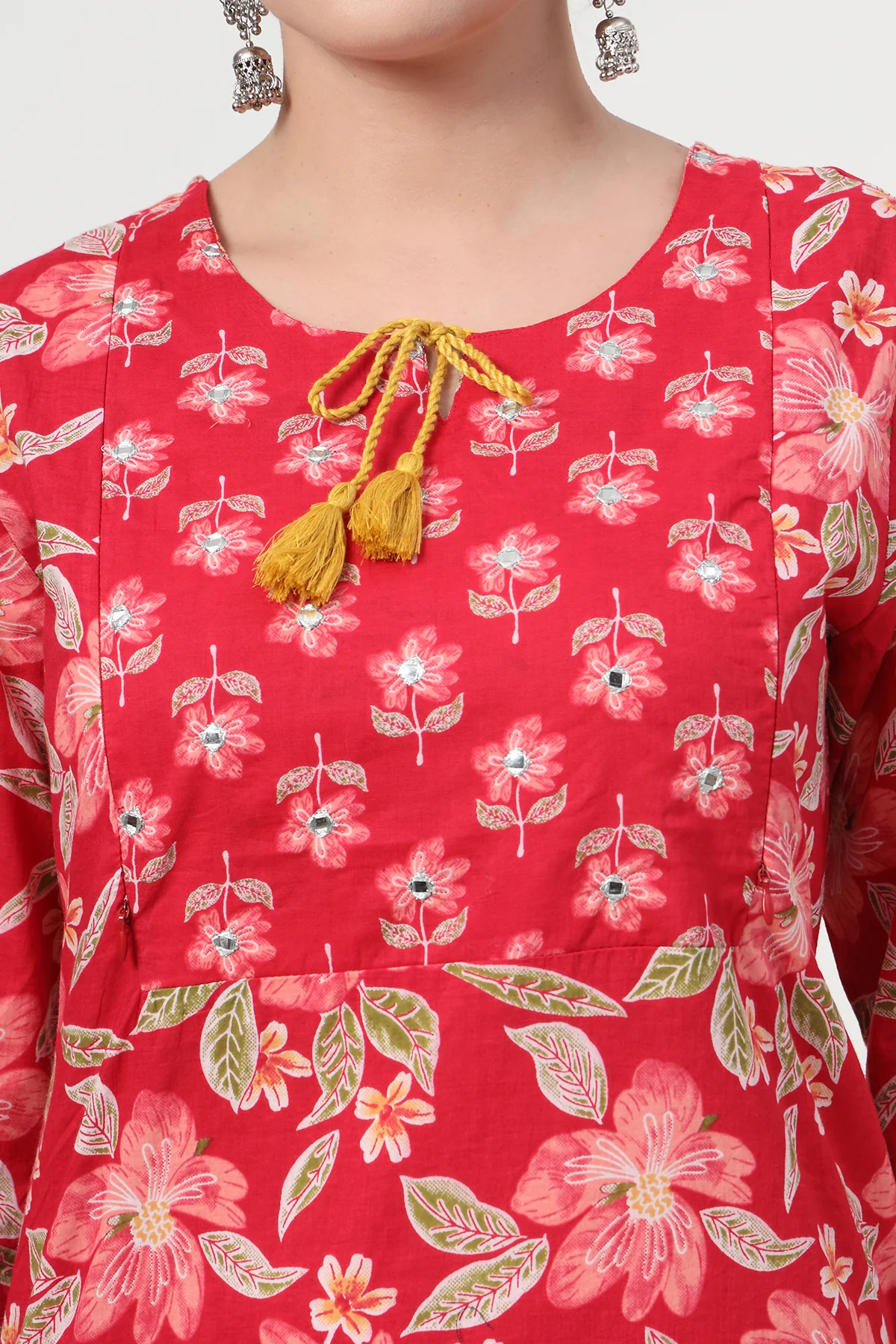Floral Zip Feeding Cotton Kurta-Pant Set - Wine Red - Image 6
