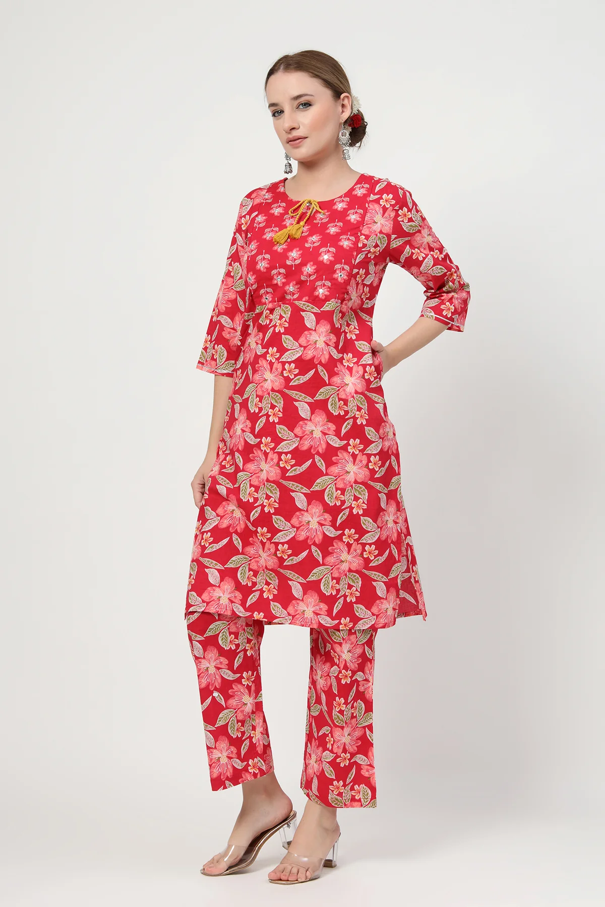 Floral Zip Feeding Cotton Kurta-Pant Set - Wine Red - Image 7