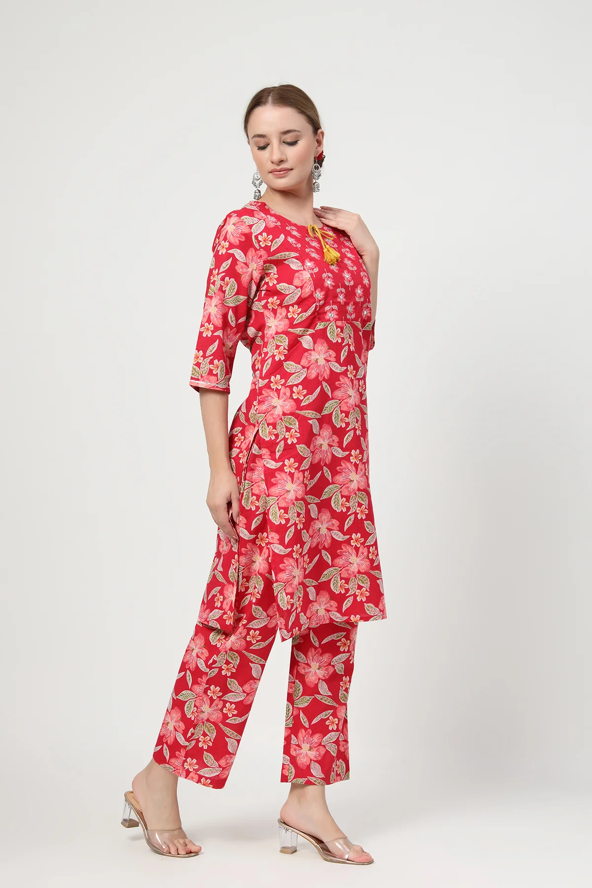 Floral Zip Feeding Cotton Kurta-Pant Set - Wine Red - Image 8