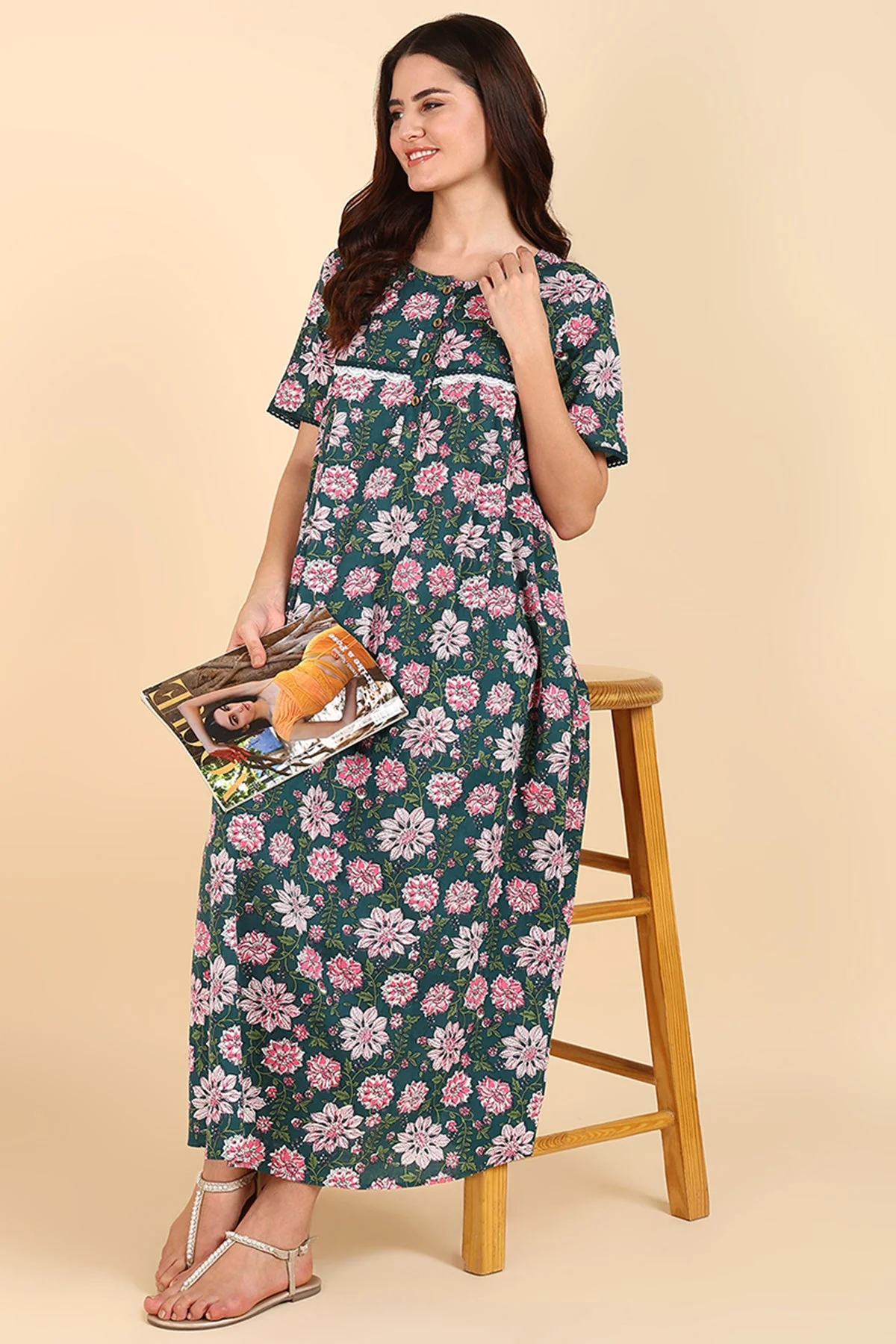 Green Floral Printed 100% Soft Cotton Zipless Maternity Maxi - Image 11