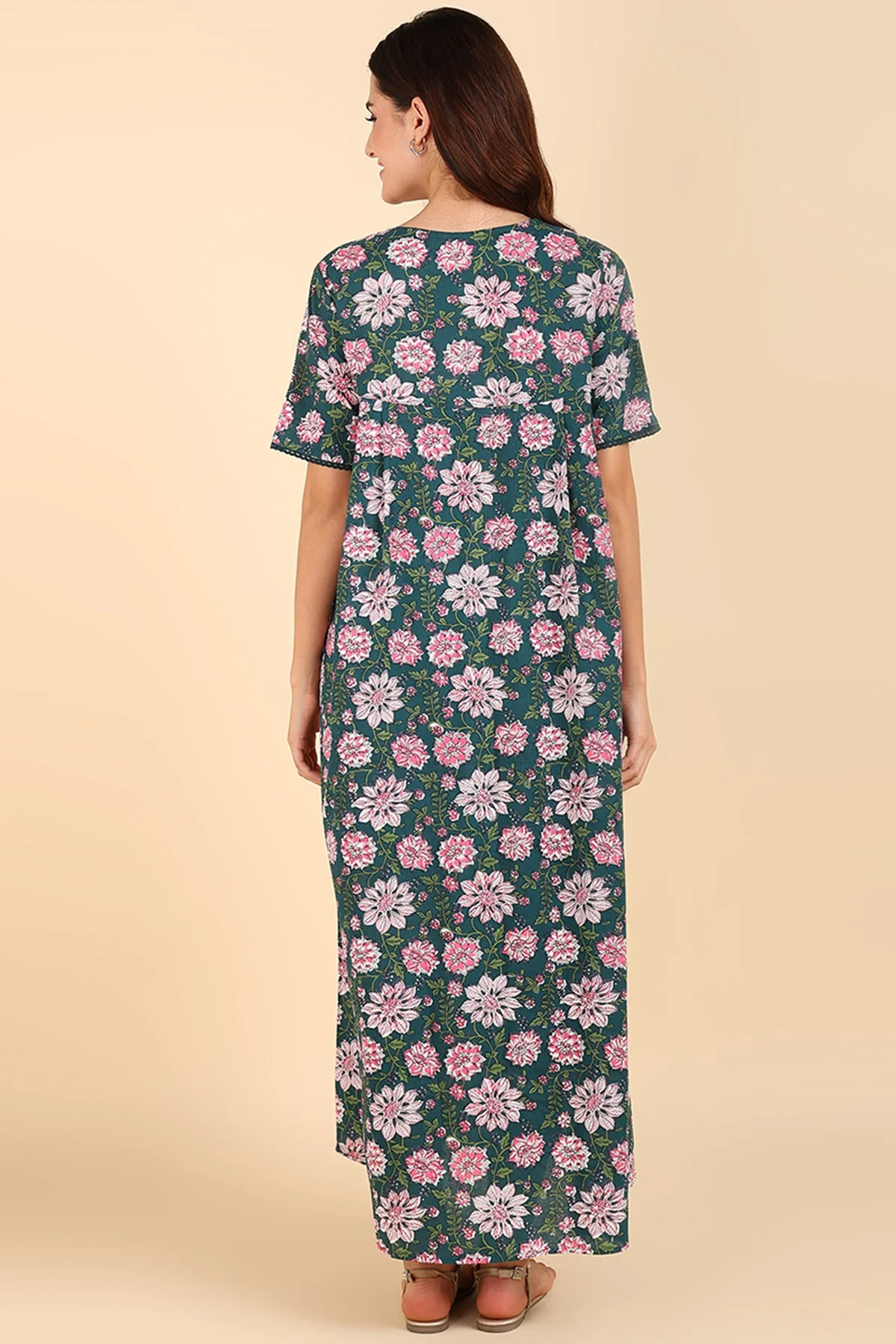 Green Floral Printed 100% Soft Cotton Zipless Maternity Maxi - Image 12